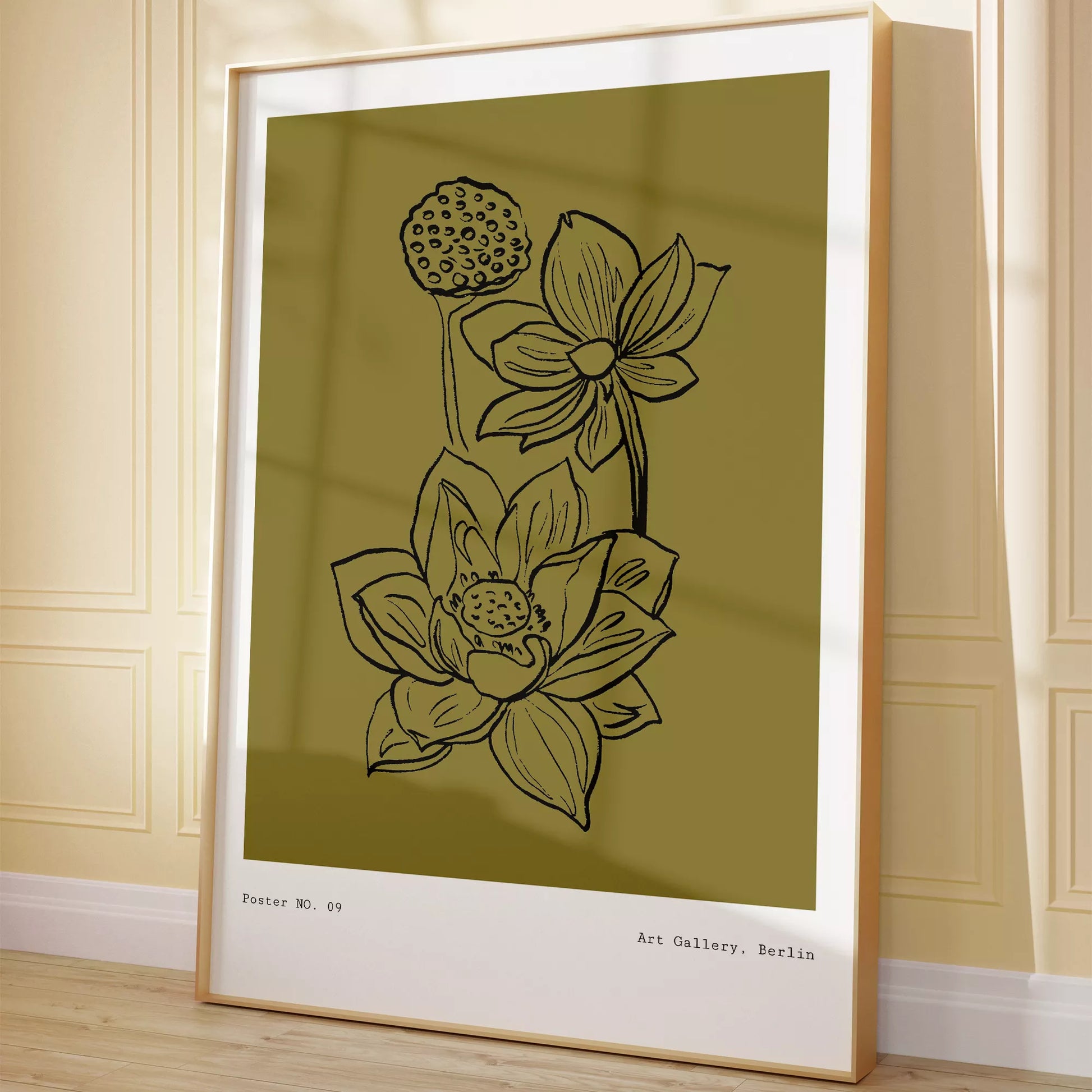 北欧デザインの蓮の花ボタニカル線画アートポスター オリーブ色 シンプルモダン