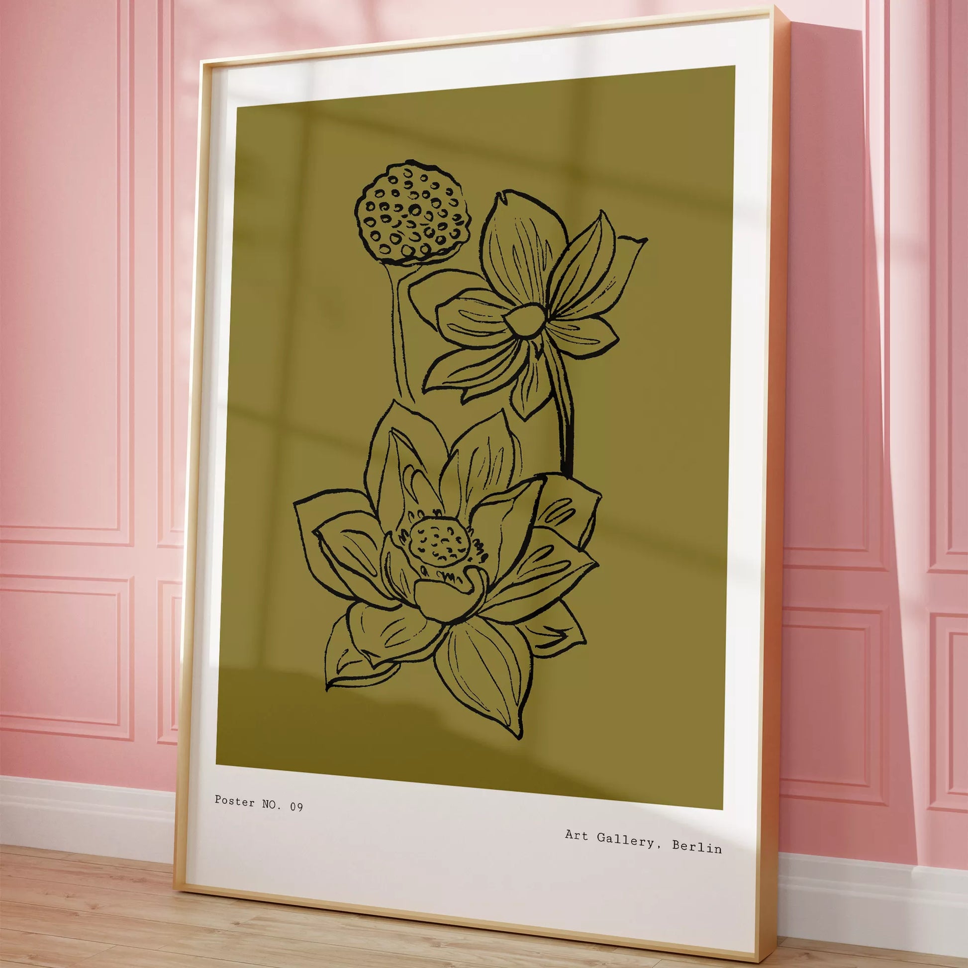 北欧デザインの蓮の花ボタニカル線画アートポスター オリーブ色 シンプルモダン