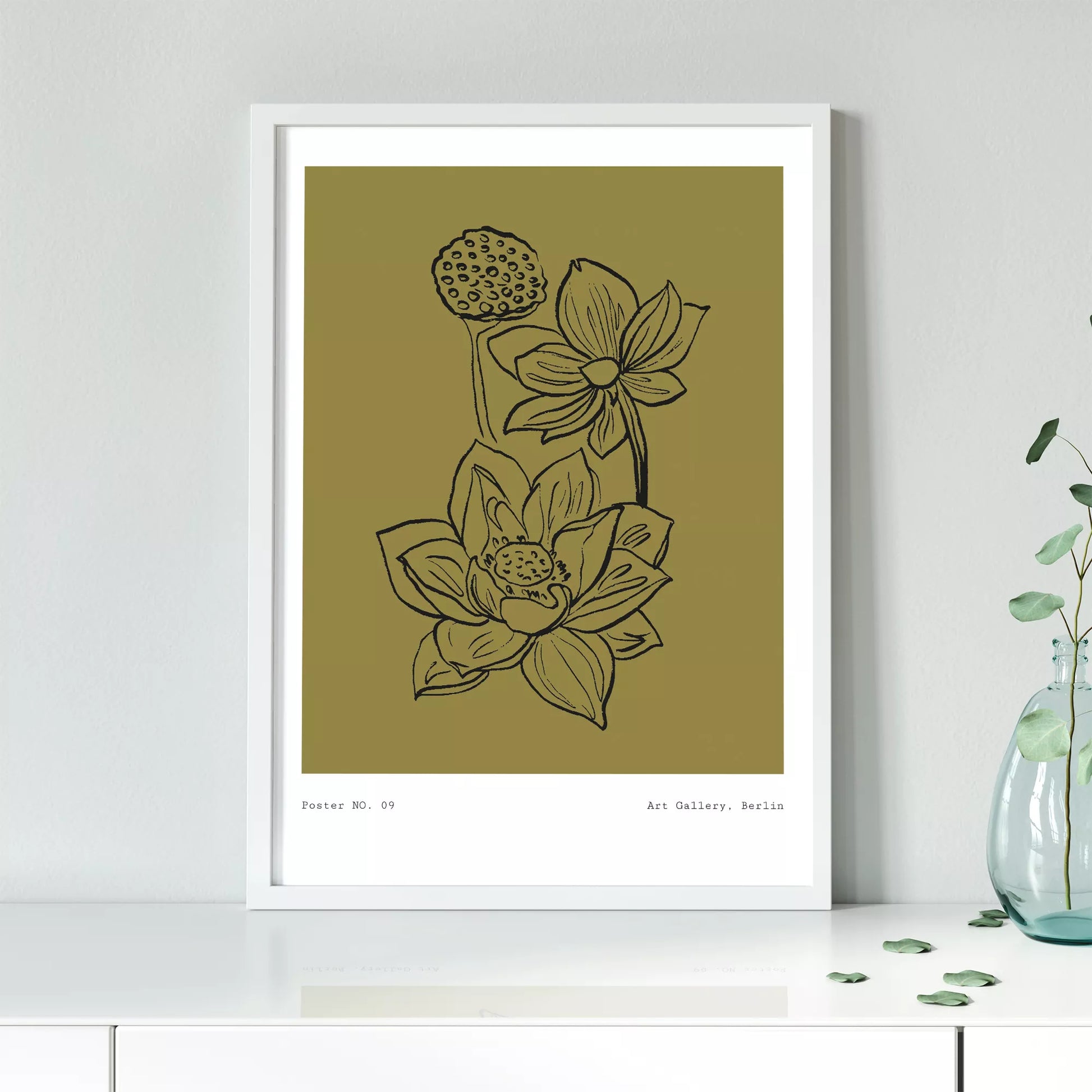 北欧デザインの蓮の花ボタニカル線画アートポスター オリーブ色 シンプルモダン