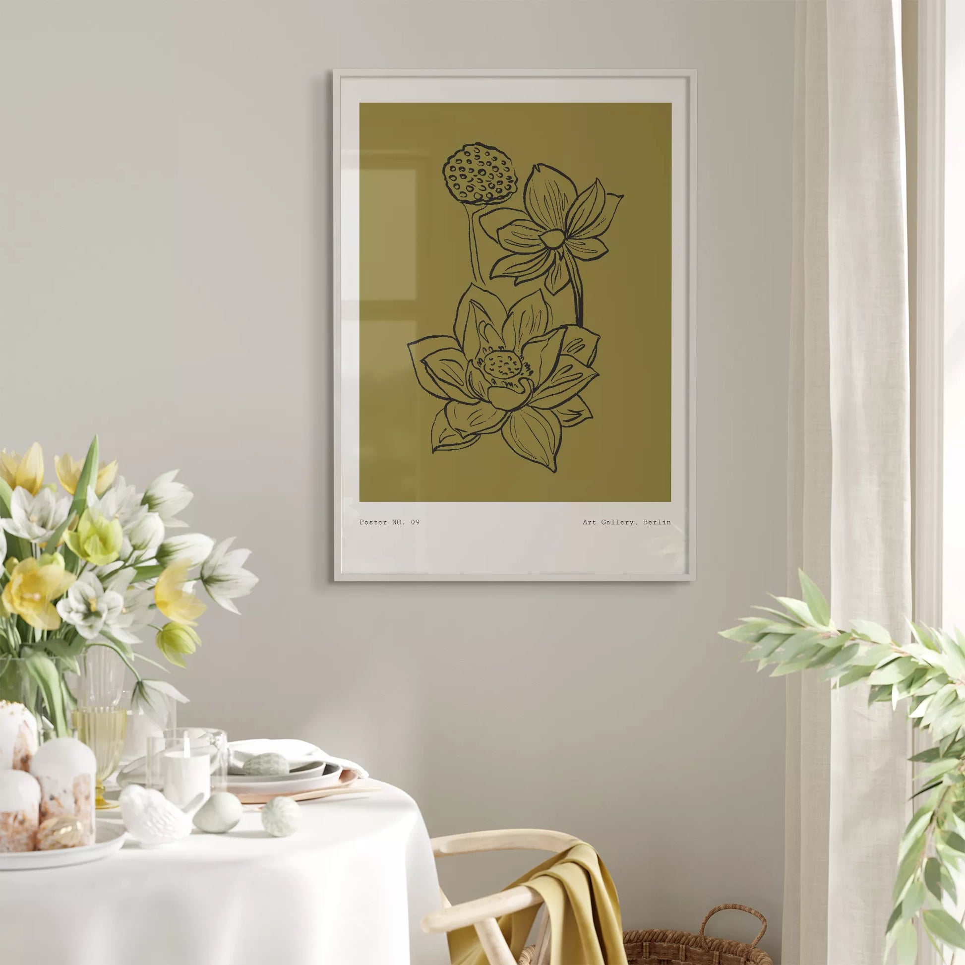 北欧デザインの蓮の花ボタニカル線画アートポスター オリーブ色 シンプルモダン