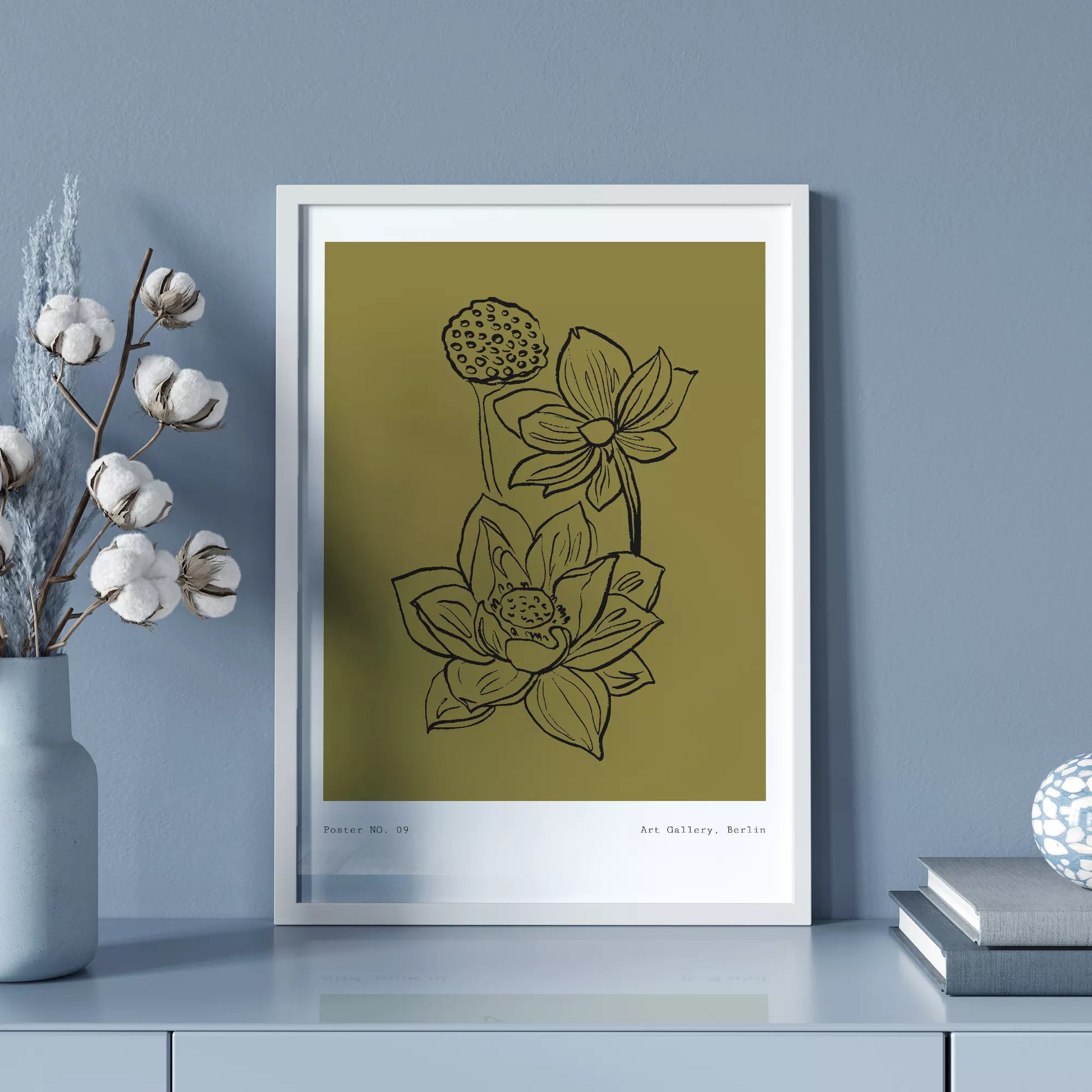 北欧デザインの蓮の花ボタニカル線画アートポスター オリーブ色 シンプルモダン