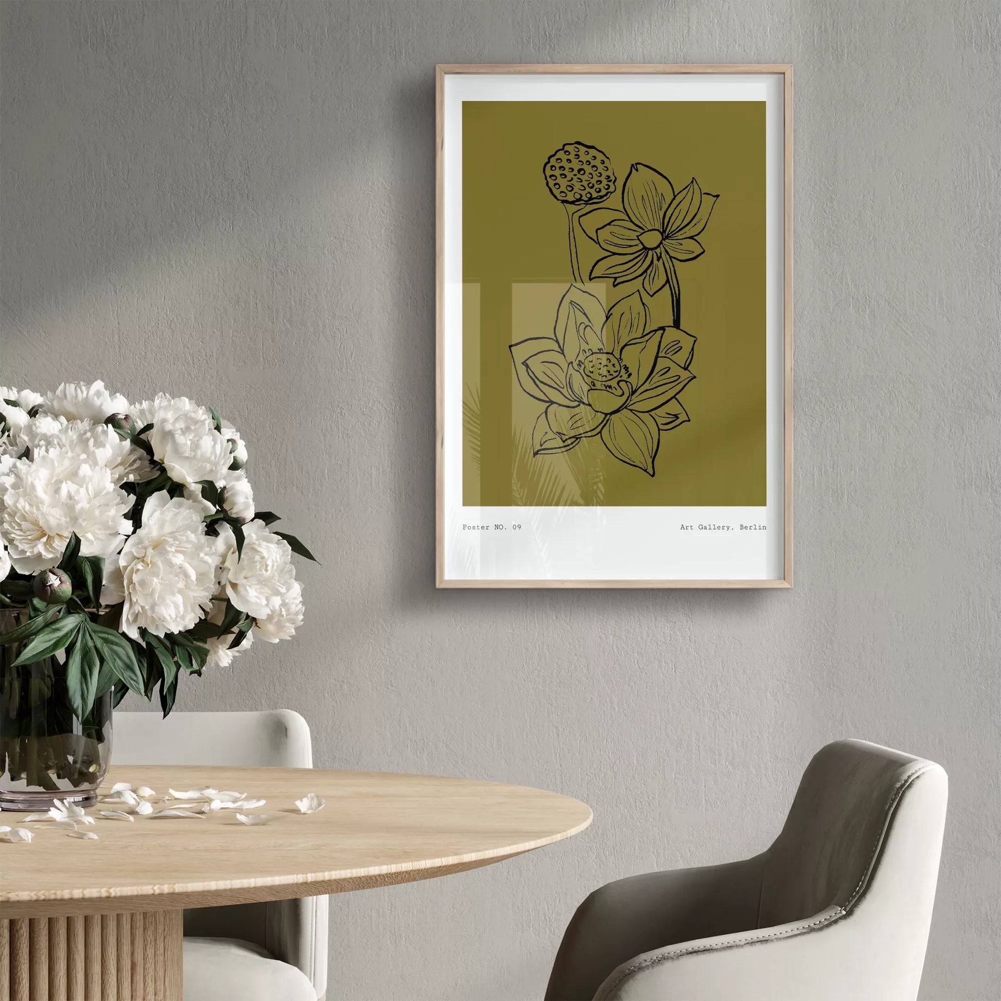 北欧デザインの蓮の花ボタニカル線画アートポスター オリーブ色 シンプルモダン