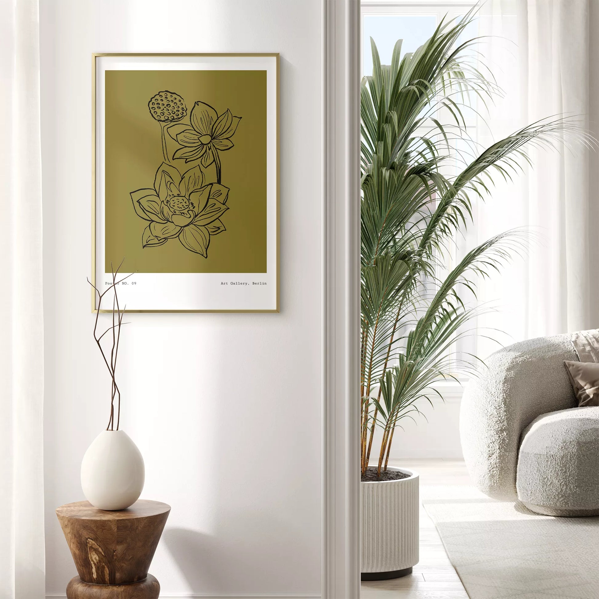 北欧デザインの蓮の花ボタニカル線画アートポスター オリーブ色 シンプルモダン