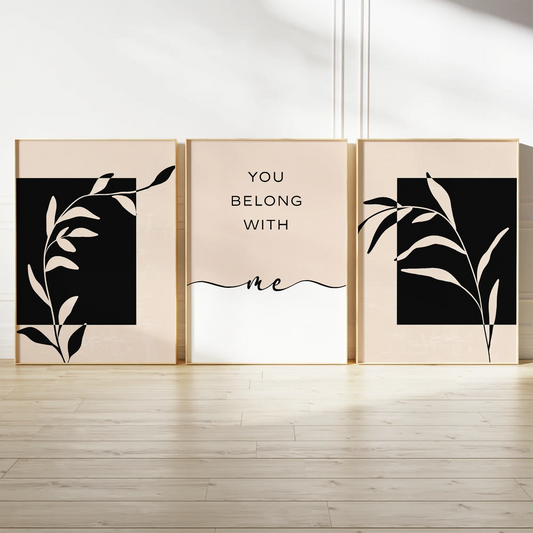 ブラックボタニカルとラブメッセージの北欧ミニマルアートポスター 3枚セット
