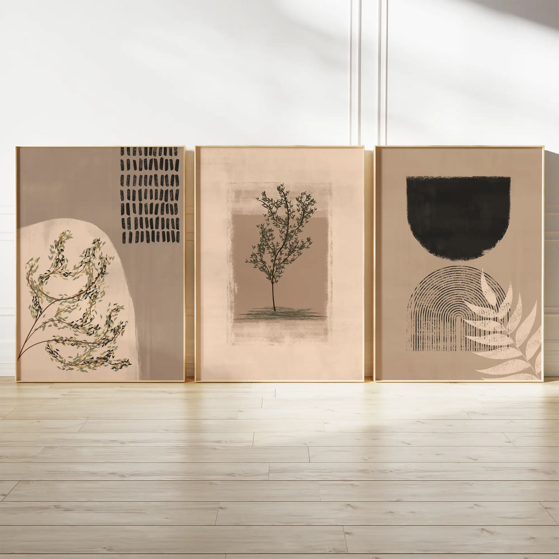 ベージュトーンのボタニカルミニマル北欧アートポスター 3枚セット