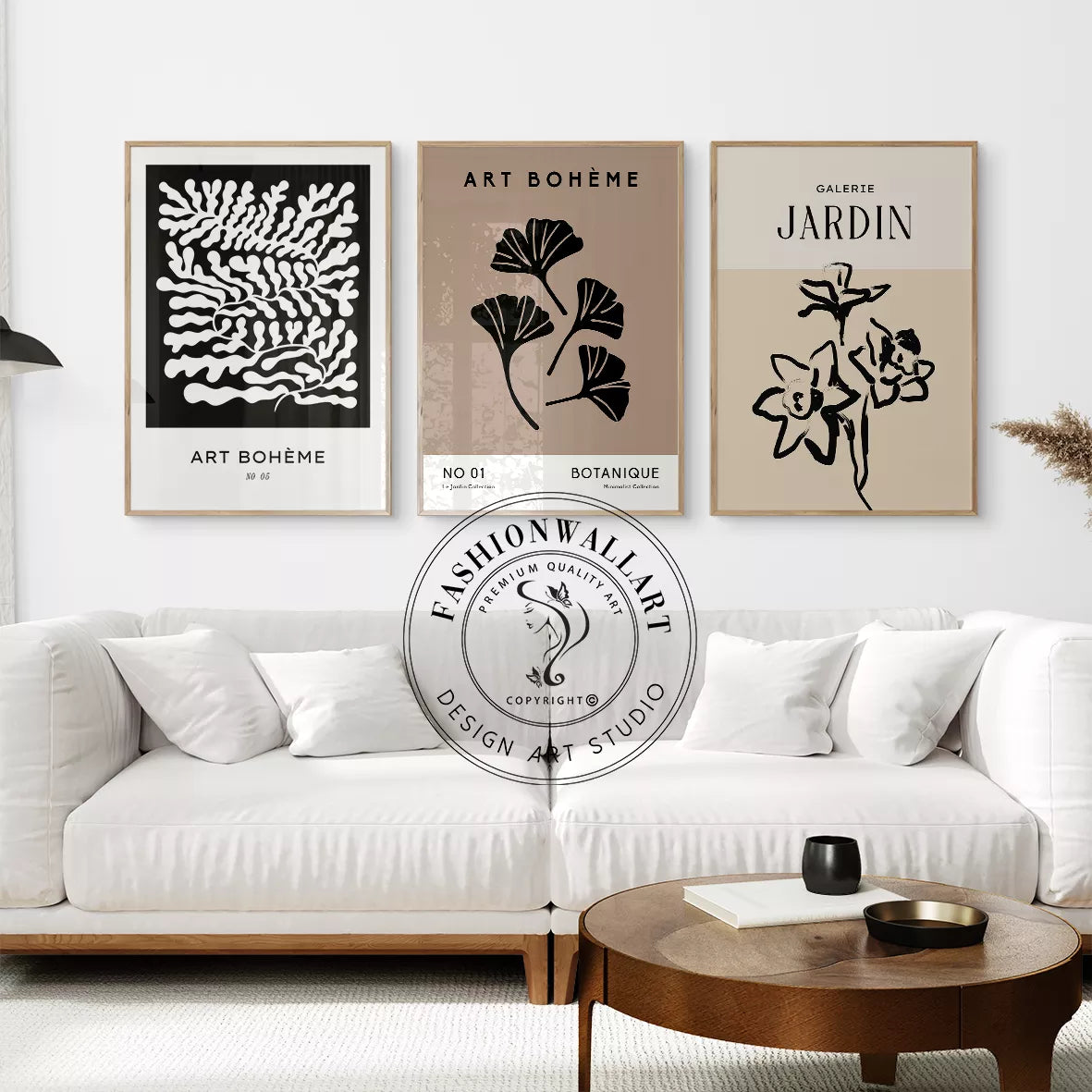 モノクロボタニカルアート3枚セット、抽象的な植物モチーフ、モダンデザイン
