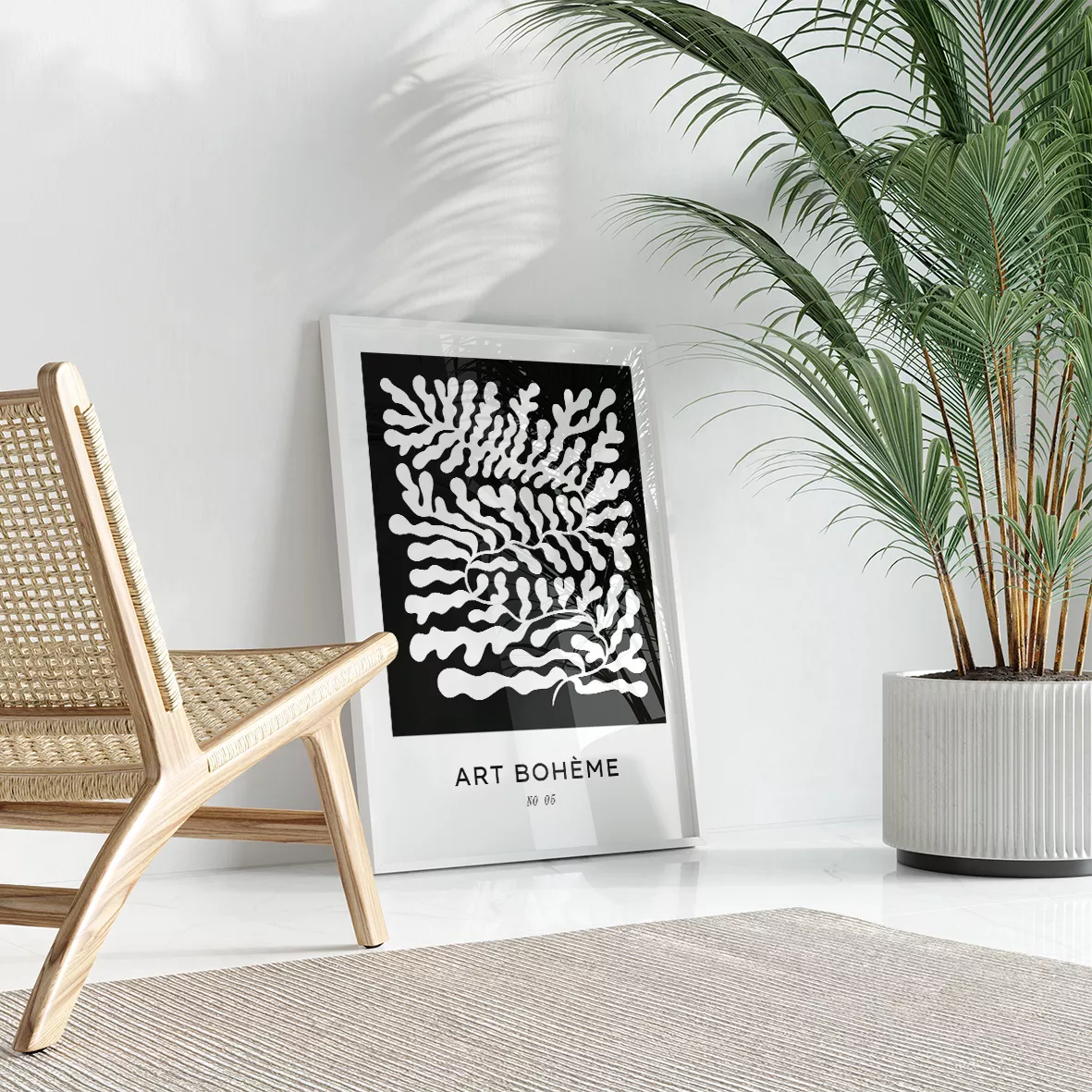 モノクロボタニカルアート3枚セット、抽象的な植物モチーフ、モダンデザイン