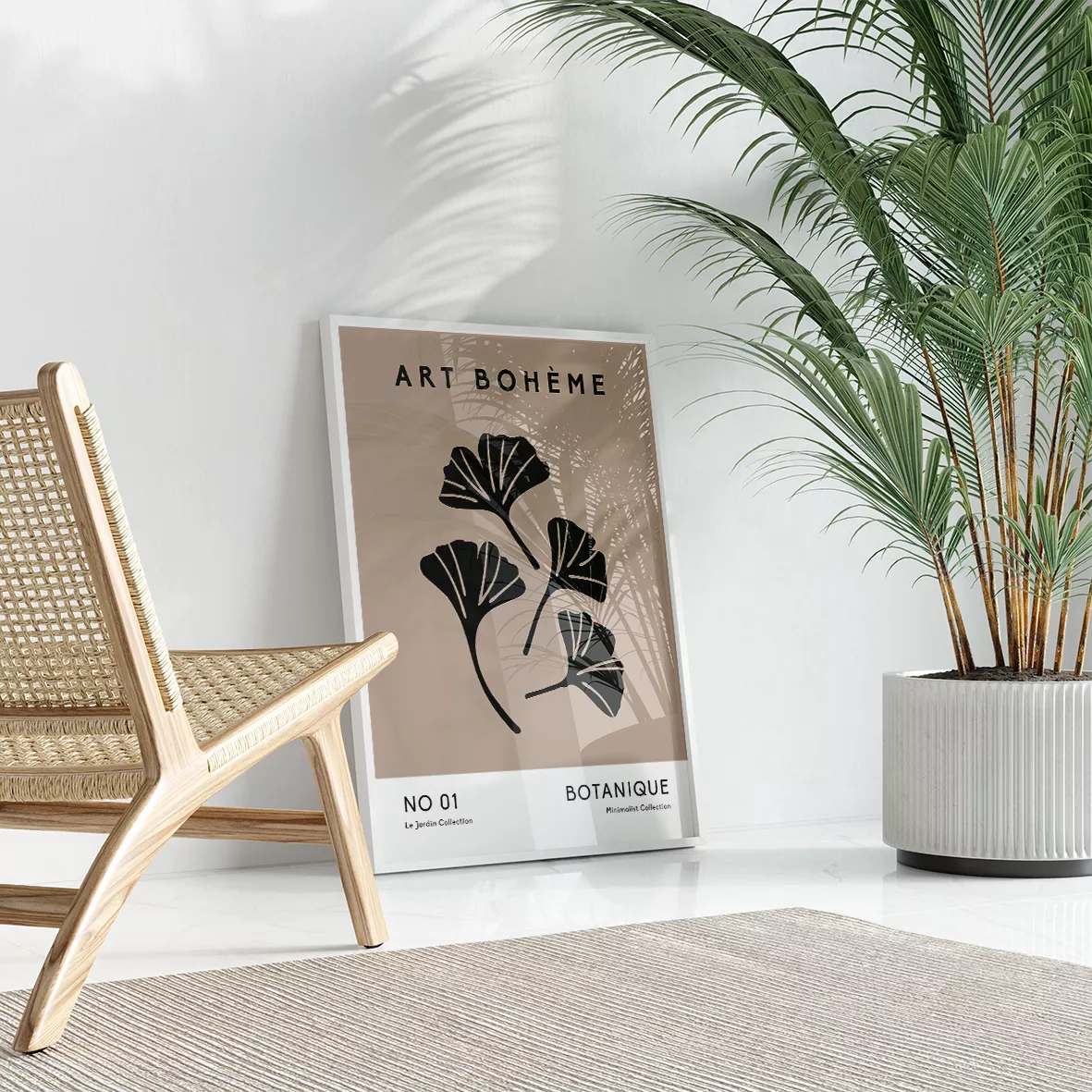 モノクロボタニカルアート3枚セット、抽象的な植物モチーフ、モダンデザイン