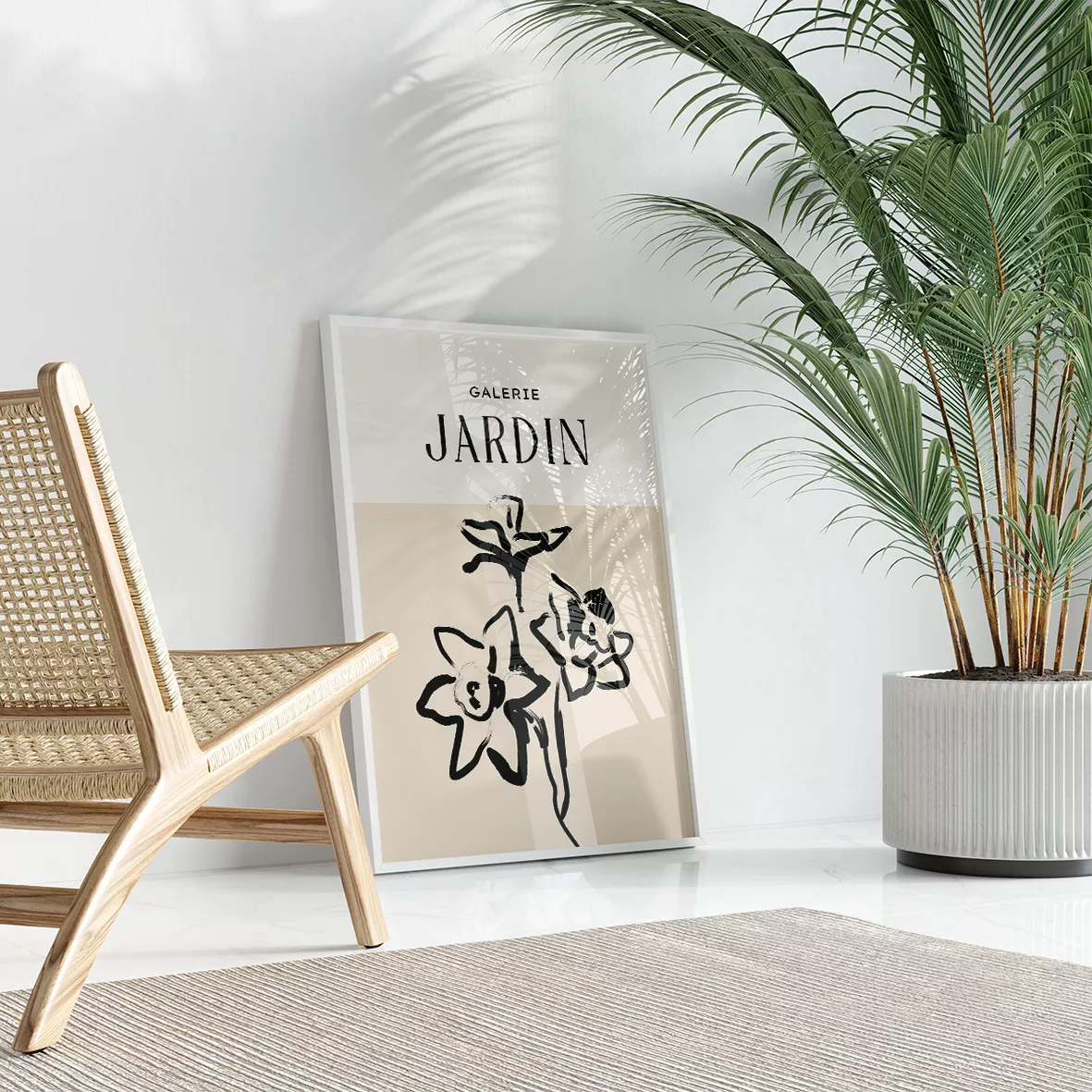 モノクロボタニカルアート3枚セット、抽象的な植物モチーフ、モダンデザイン