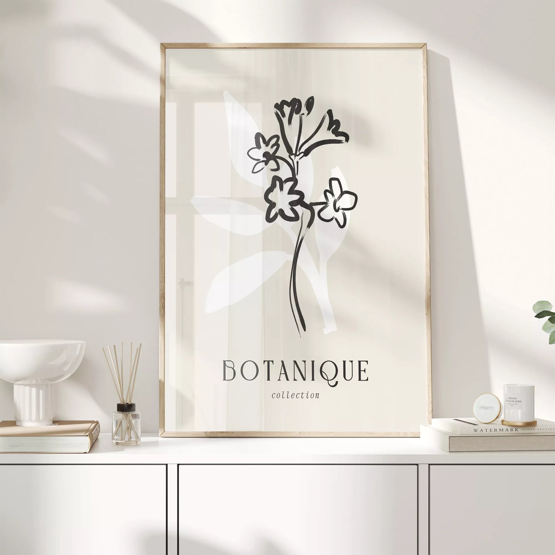 北欧デザインのモノクロ花ボタニカルアートポスター シンプルモダン