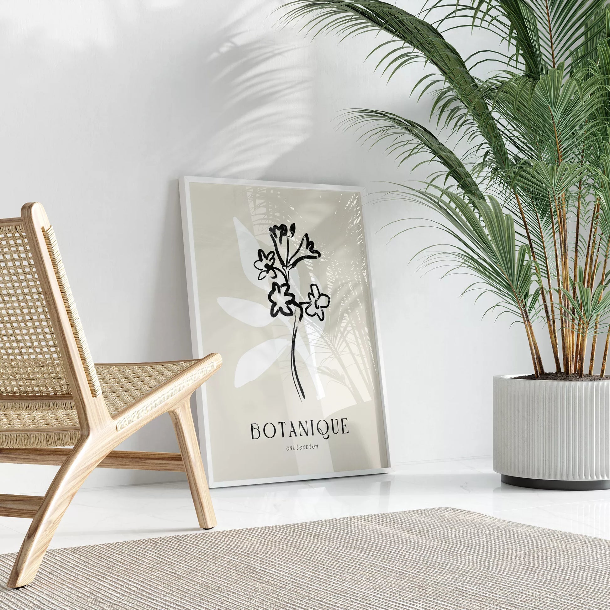 北欧デザインのモノクロ花ボタニカルアートポスター シンプルモダン