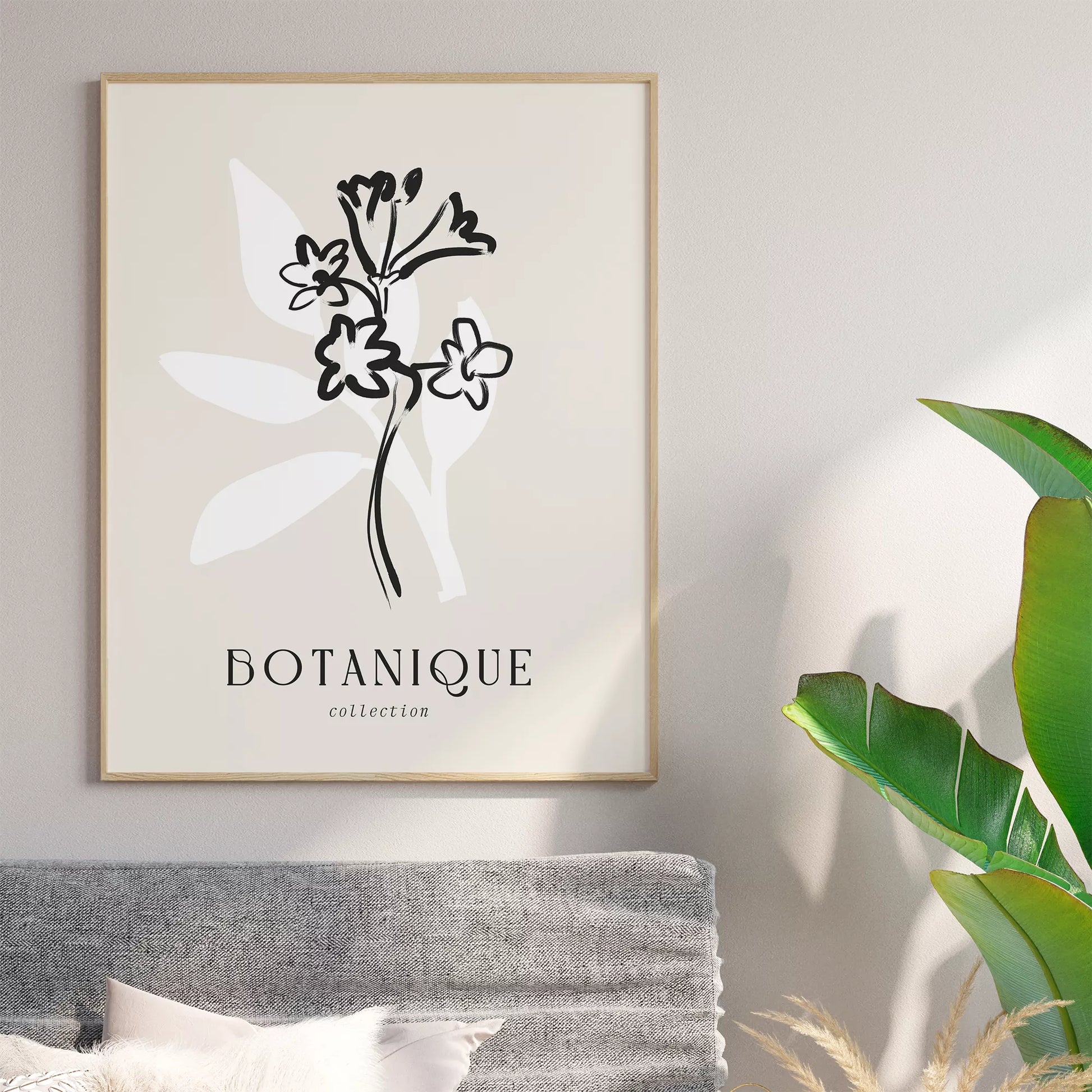 北欧デザインのモノクロ花ボタニカルアートポスター シンプルモダン