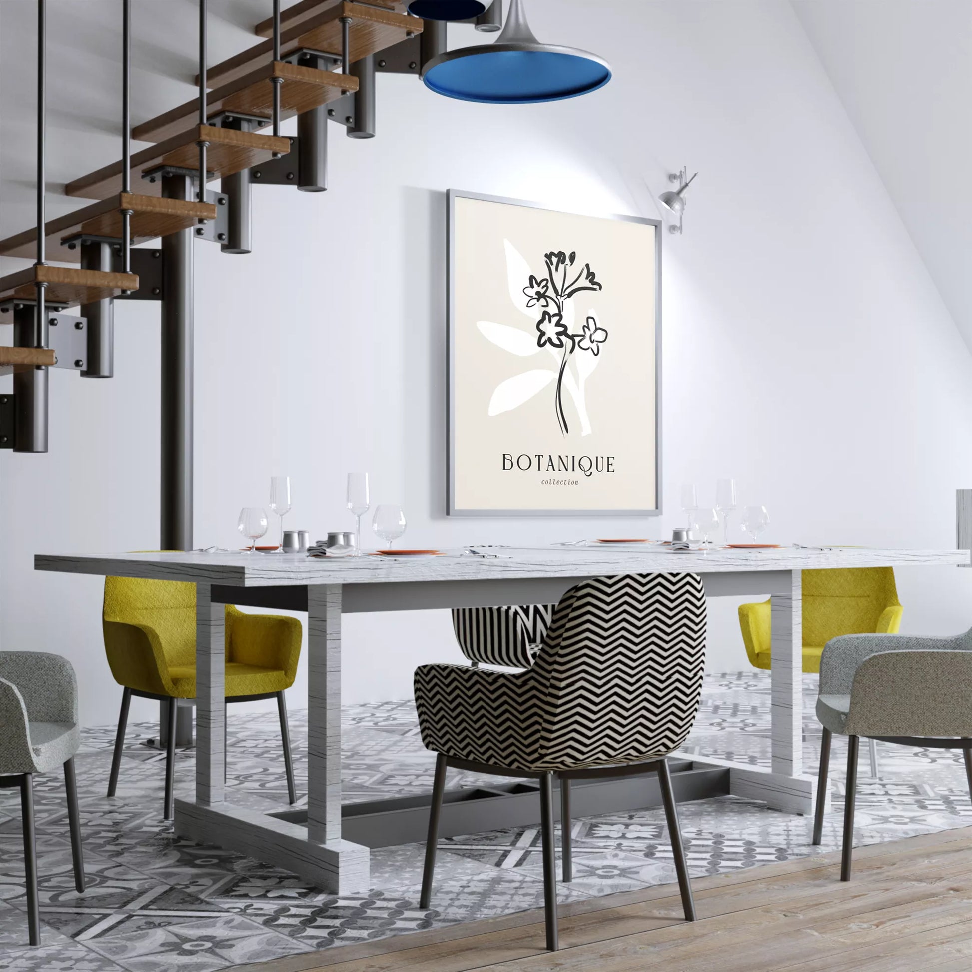 北欧デザインのモノクロ花ボタニカルアートポスター シンプルモダン