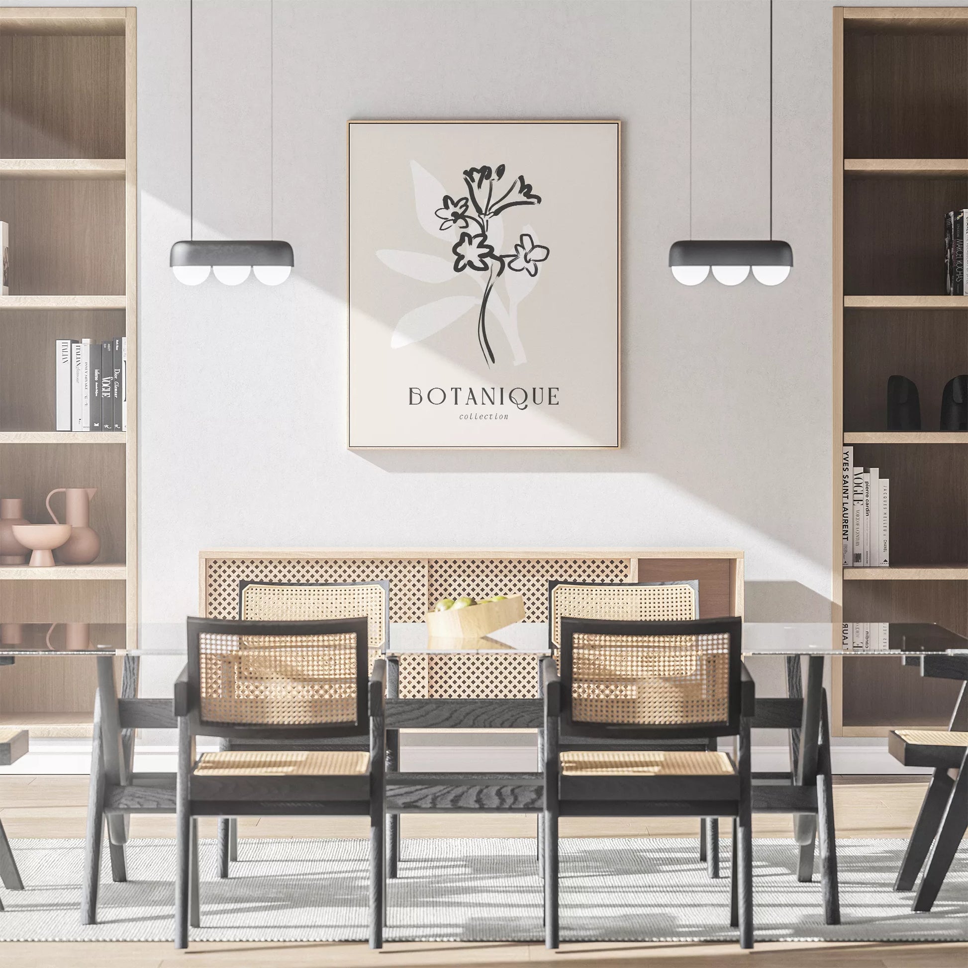 北欧デザインのモノクロ花ボタニカルアートポスター シンプルモダン