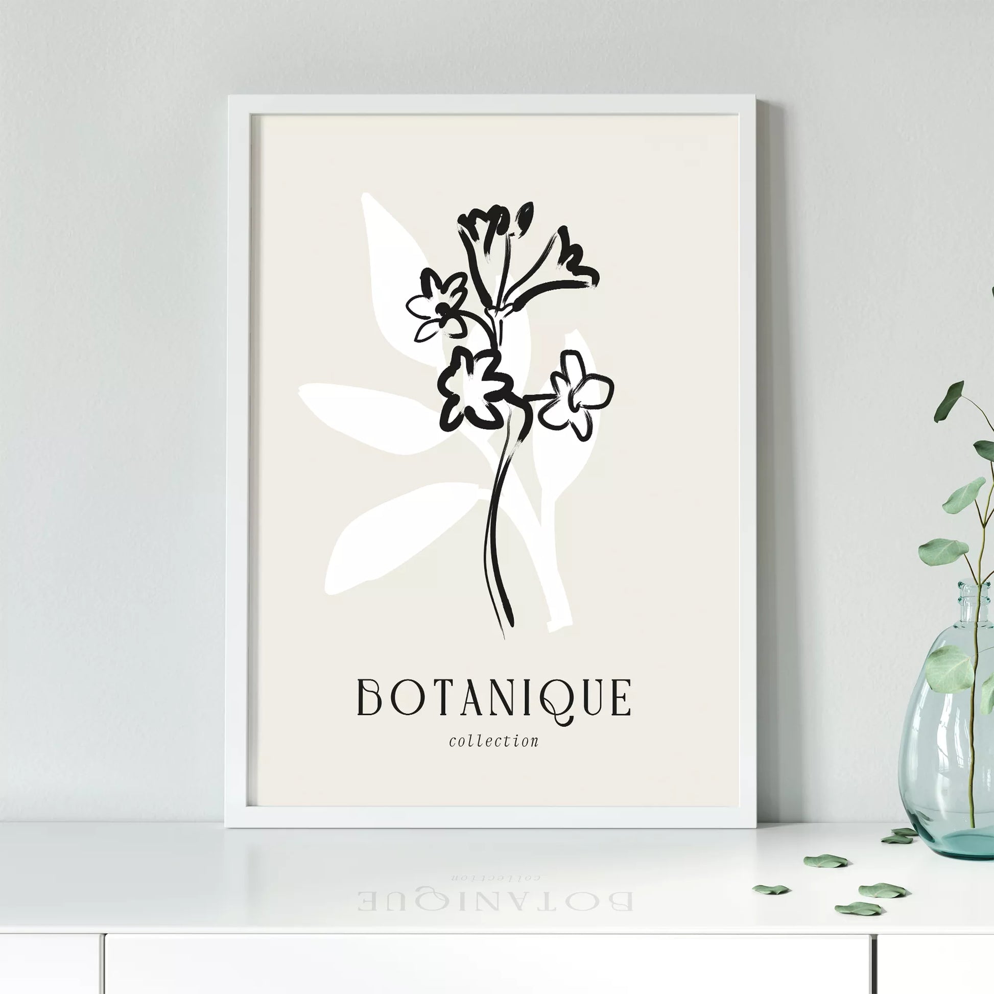 北欧デザインのモノクロ花ボタニカルアートポスター シンプルモダン