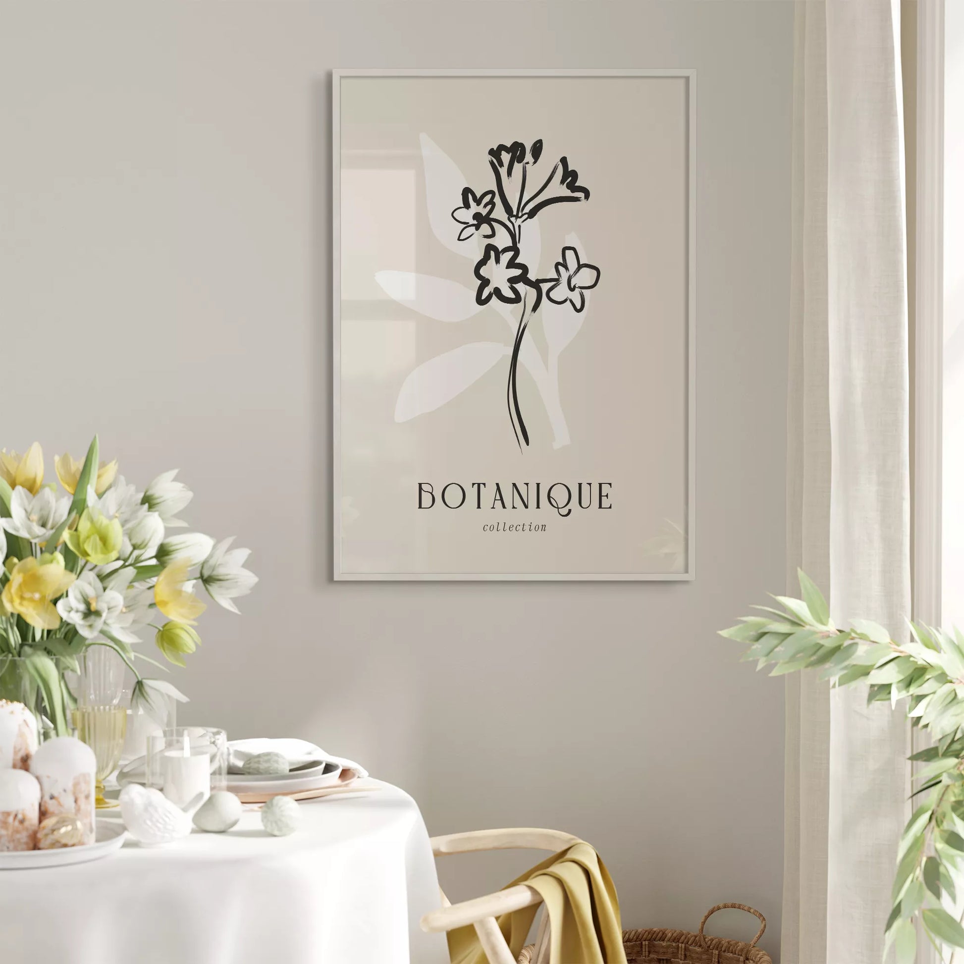 北欧デザインのモノクロ花ボタニカルアートポスター シンプルモダン