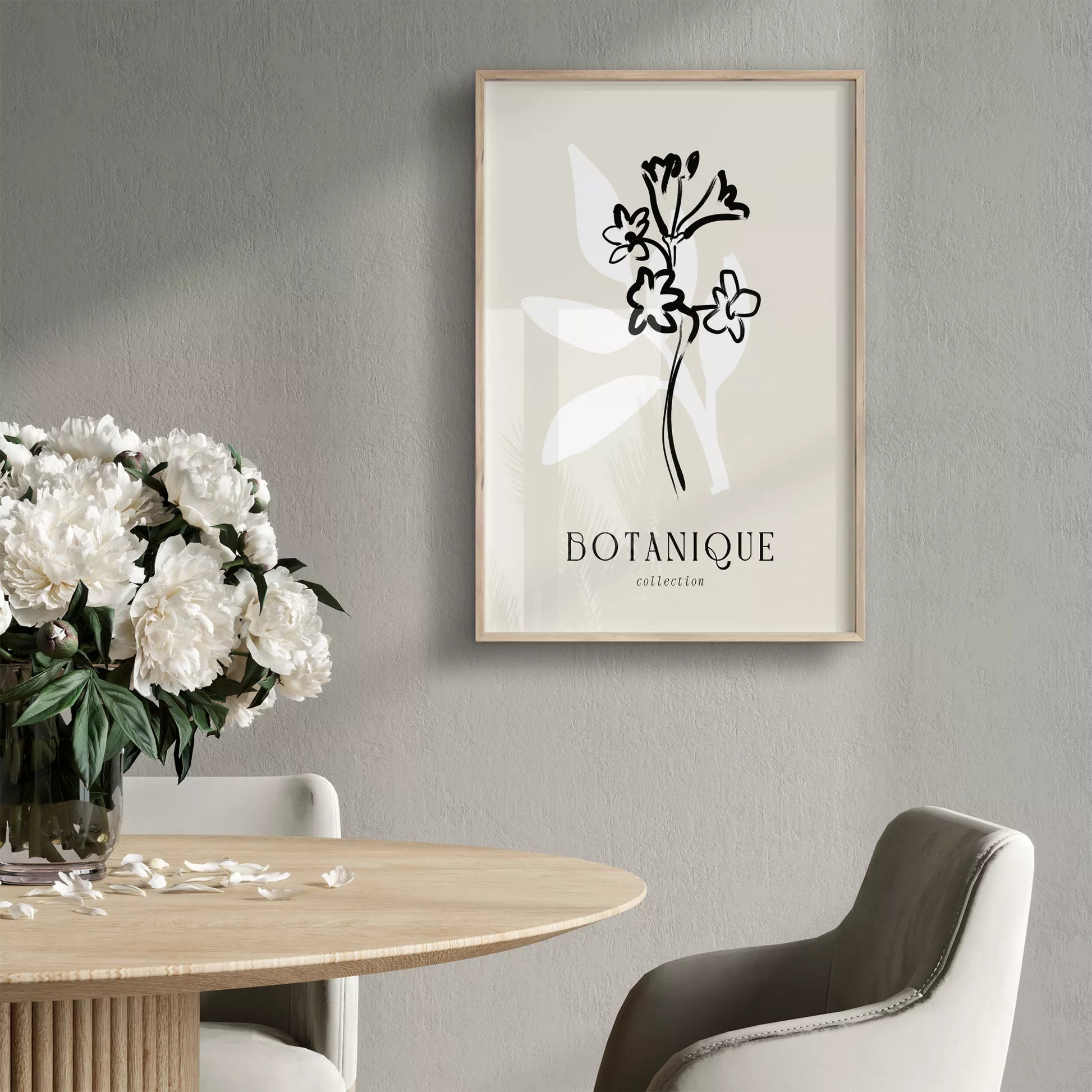 北欧デザインのモノクロ花ボタニカルアートポスター シンプルモダン