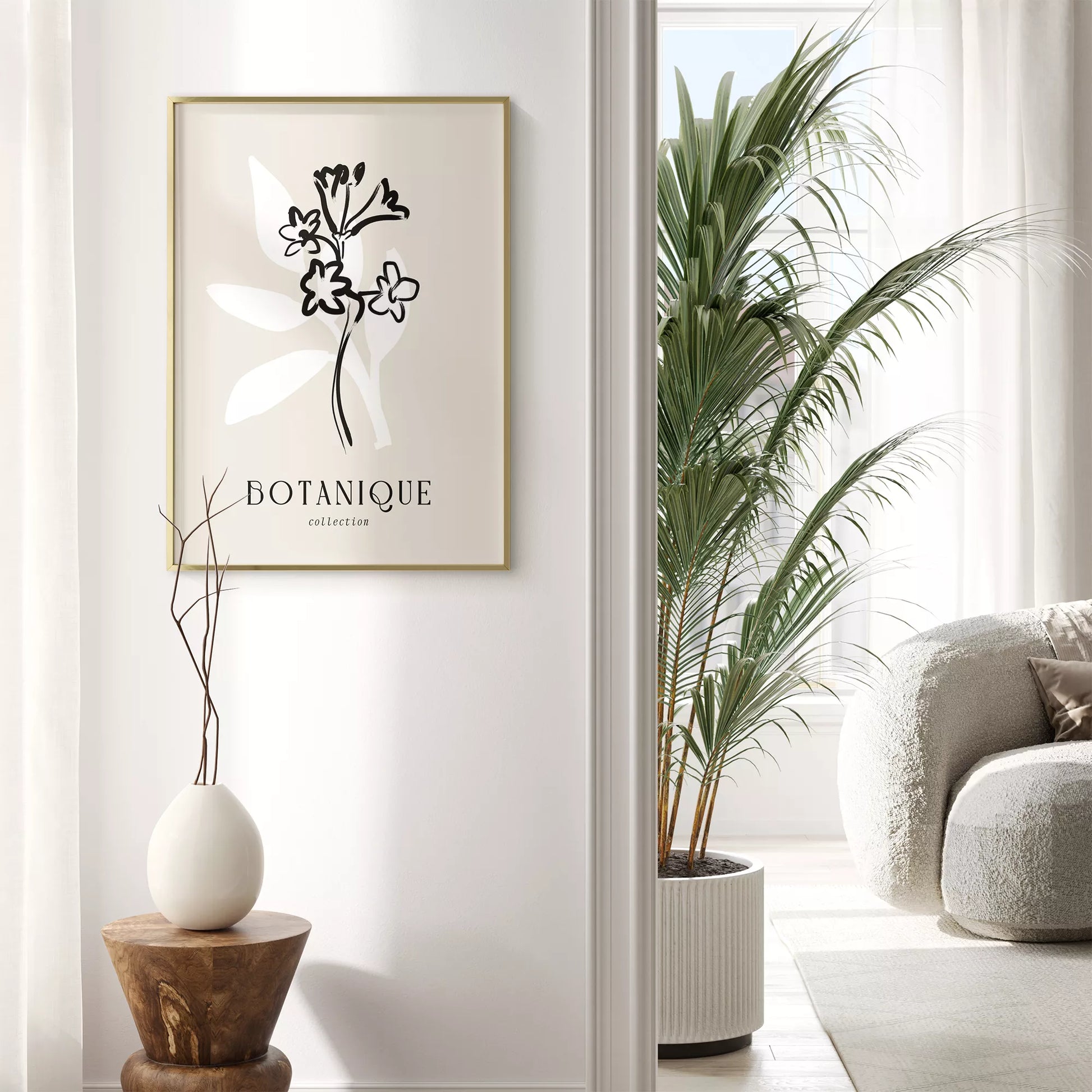 北欧デザインのモノクロ花ボタニカルアートポスター シンプルモダン