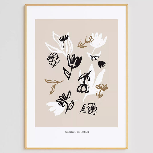 北欧デザインのニュートラル抽象花ボタニカルアートポスター ベージュ背景