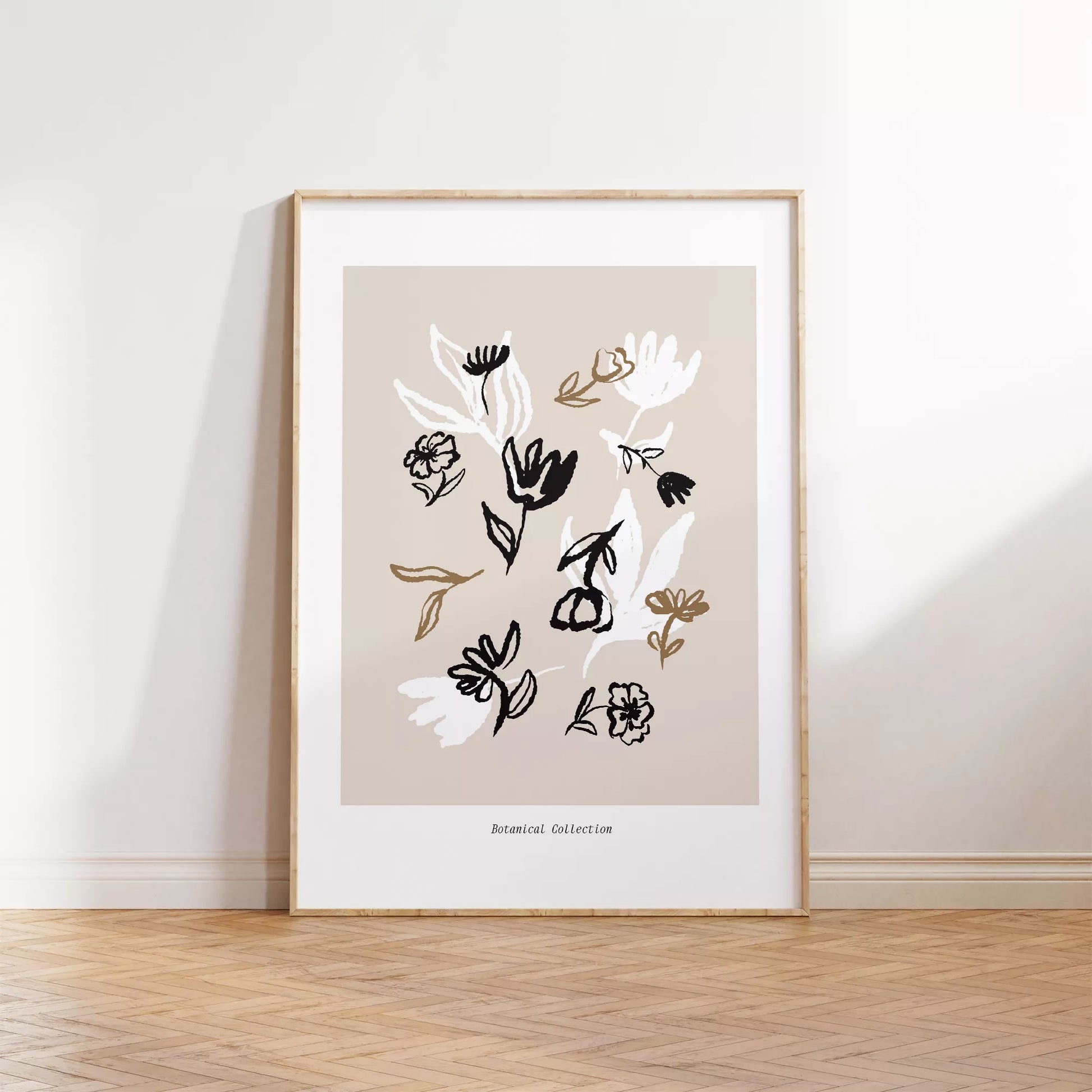 北欧デザインのニュートラル抽象花ボタニカルアートポスター ベージュ背景