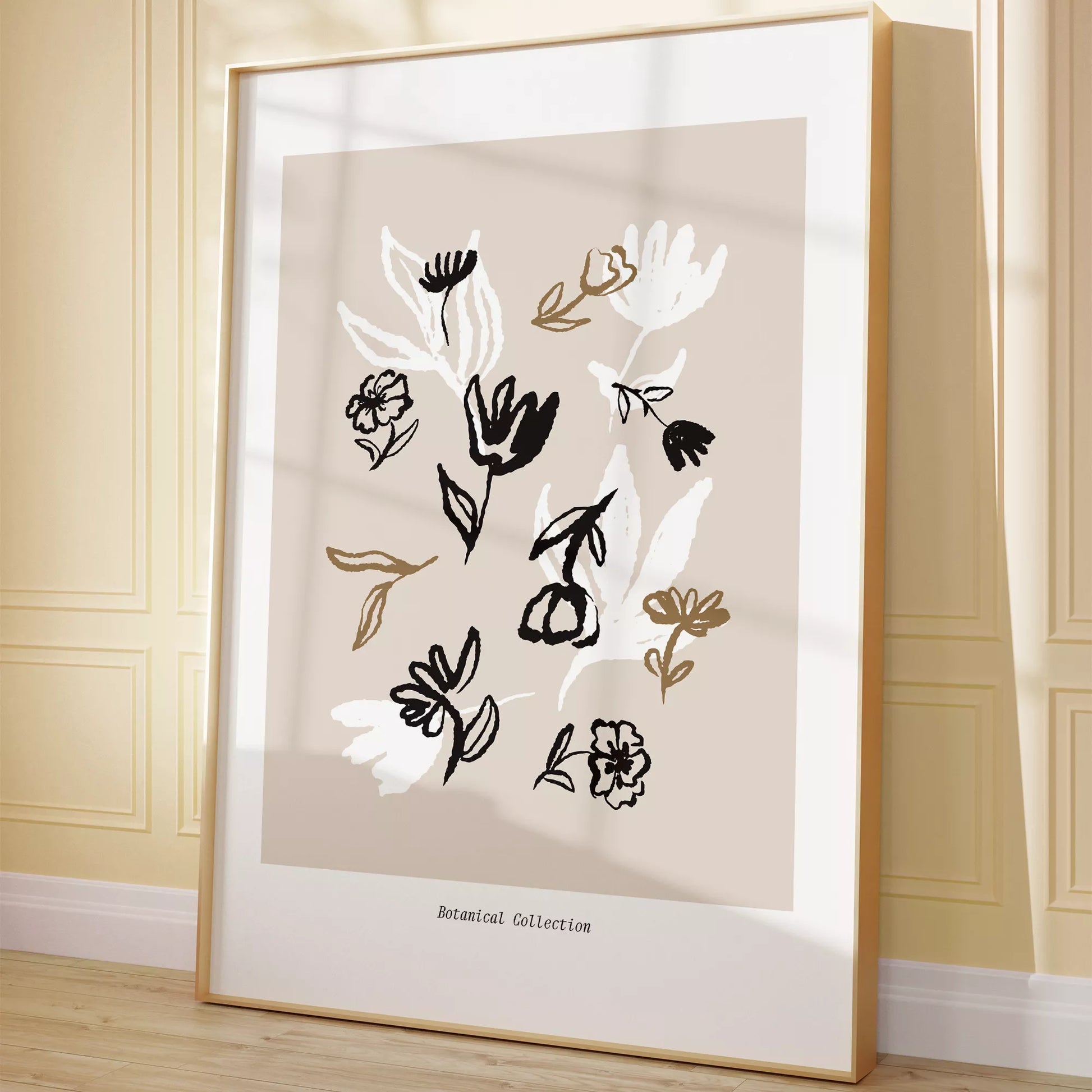 北欧デザインのニュートラル抽象花ボタニカルアートポスター ベージュ背景