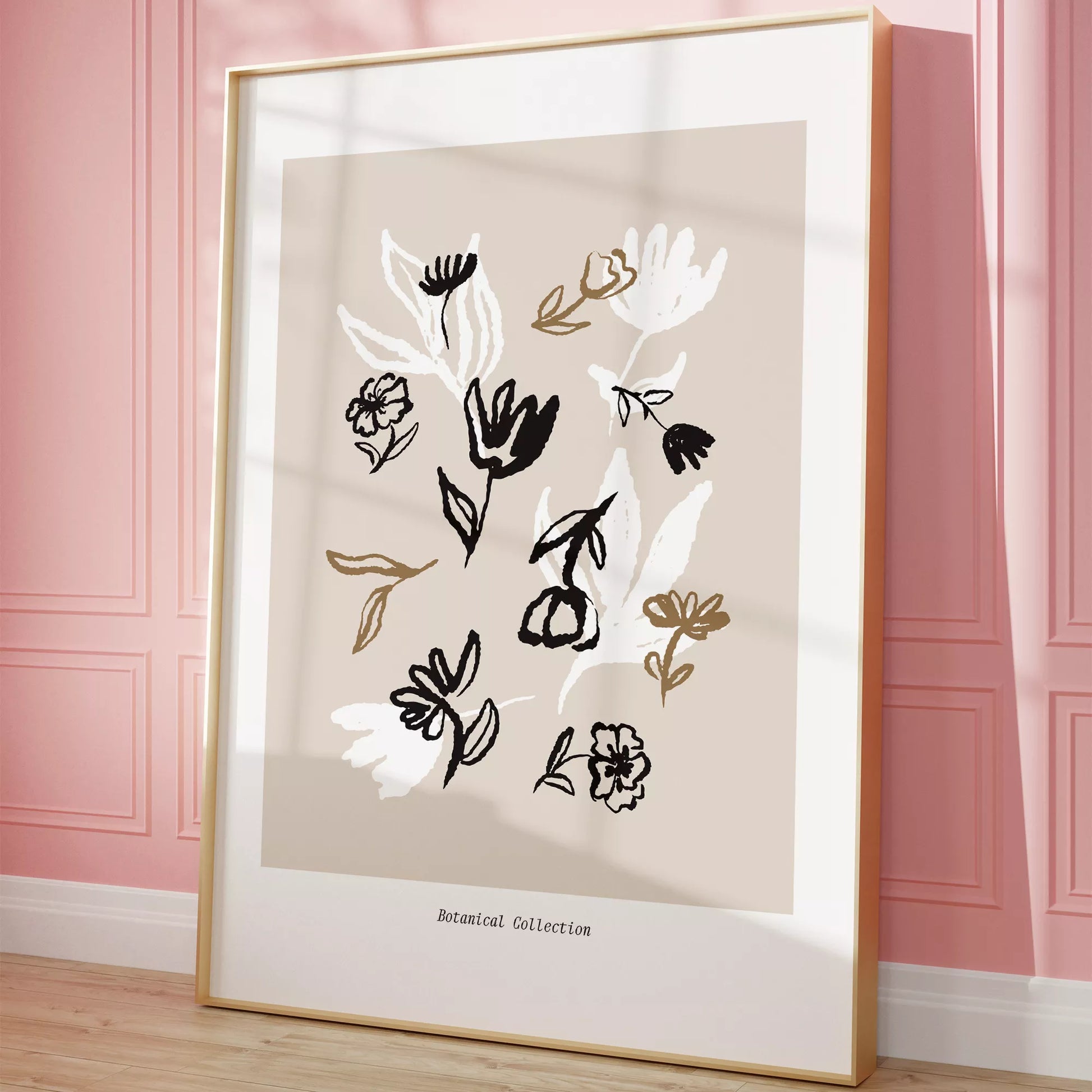 北欧デザインのニュートラル抽象花ボタニカルアートポスター ベージュ背景