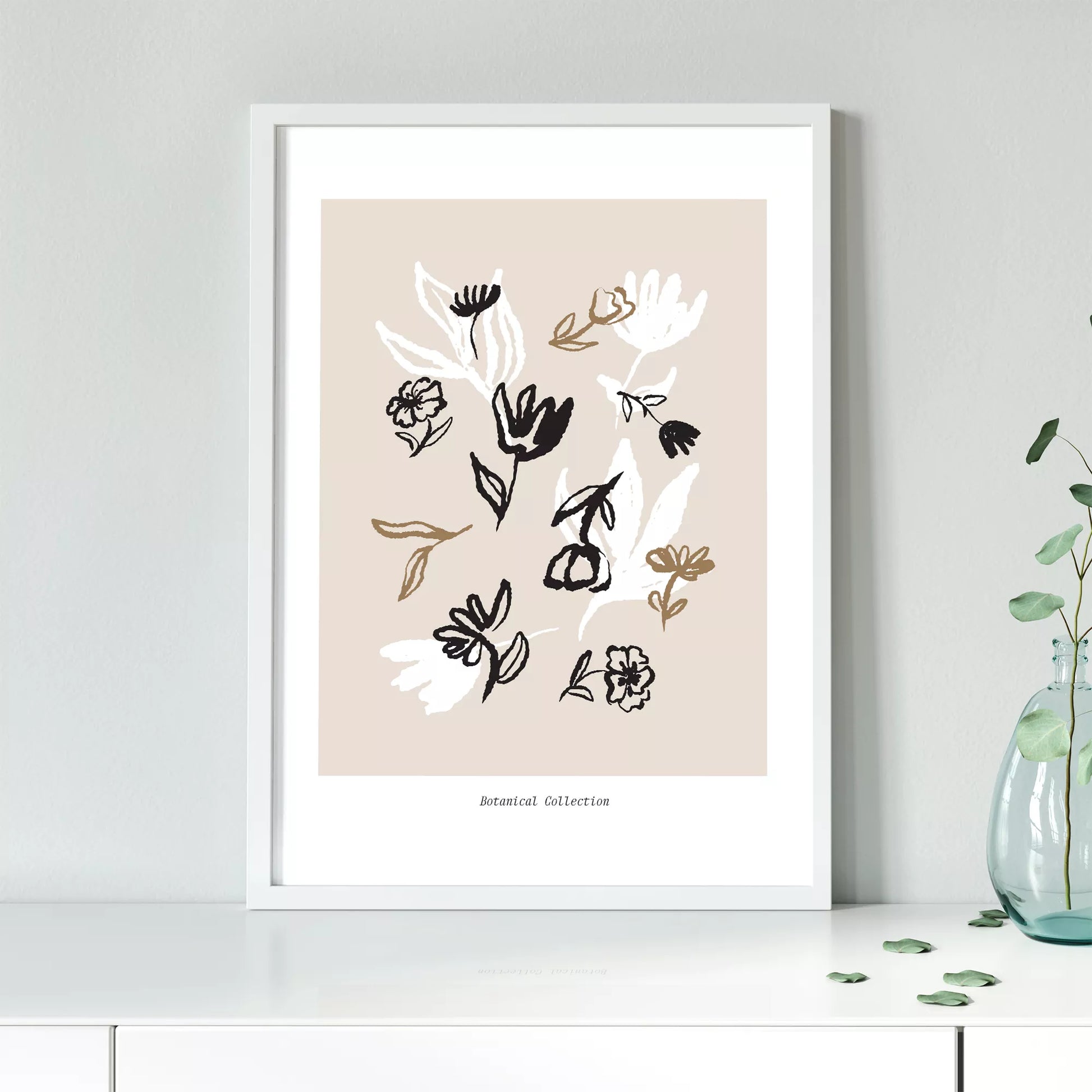 北欧デザインのニュートラル抽象花ボタニカルアートポスター ベージュ背景