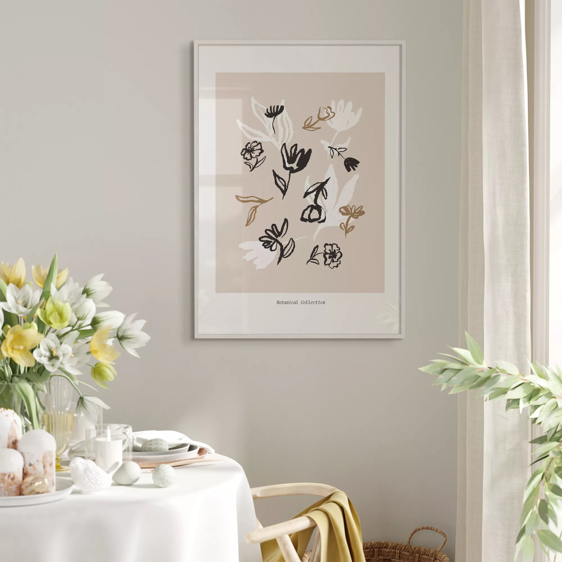 北欧デザインのニュートラル抽象花ボタニカルアートポスター ベージュ背景
