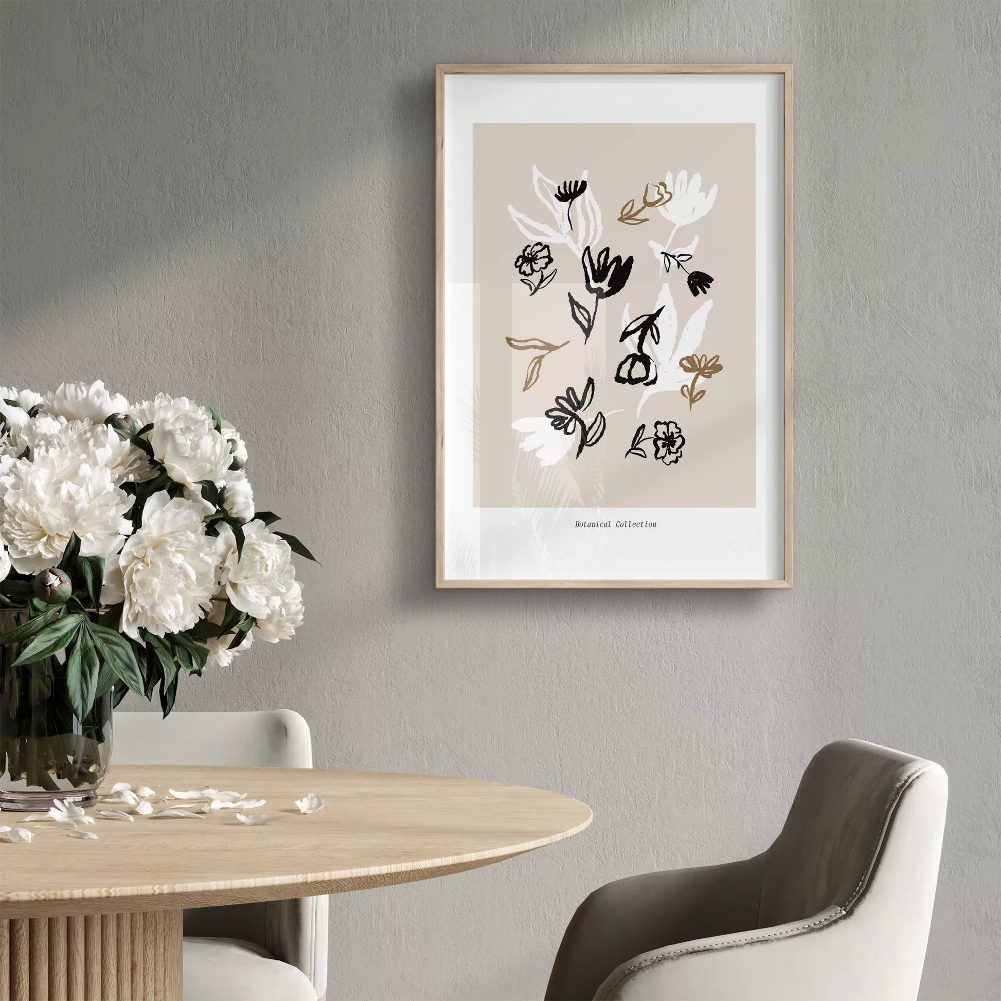 北欧デザインのニュートラル抽象花ボタニカルアートポスター ベージュ背景