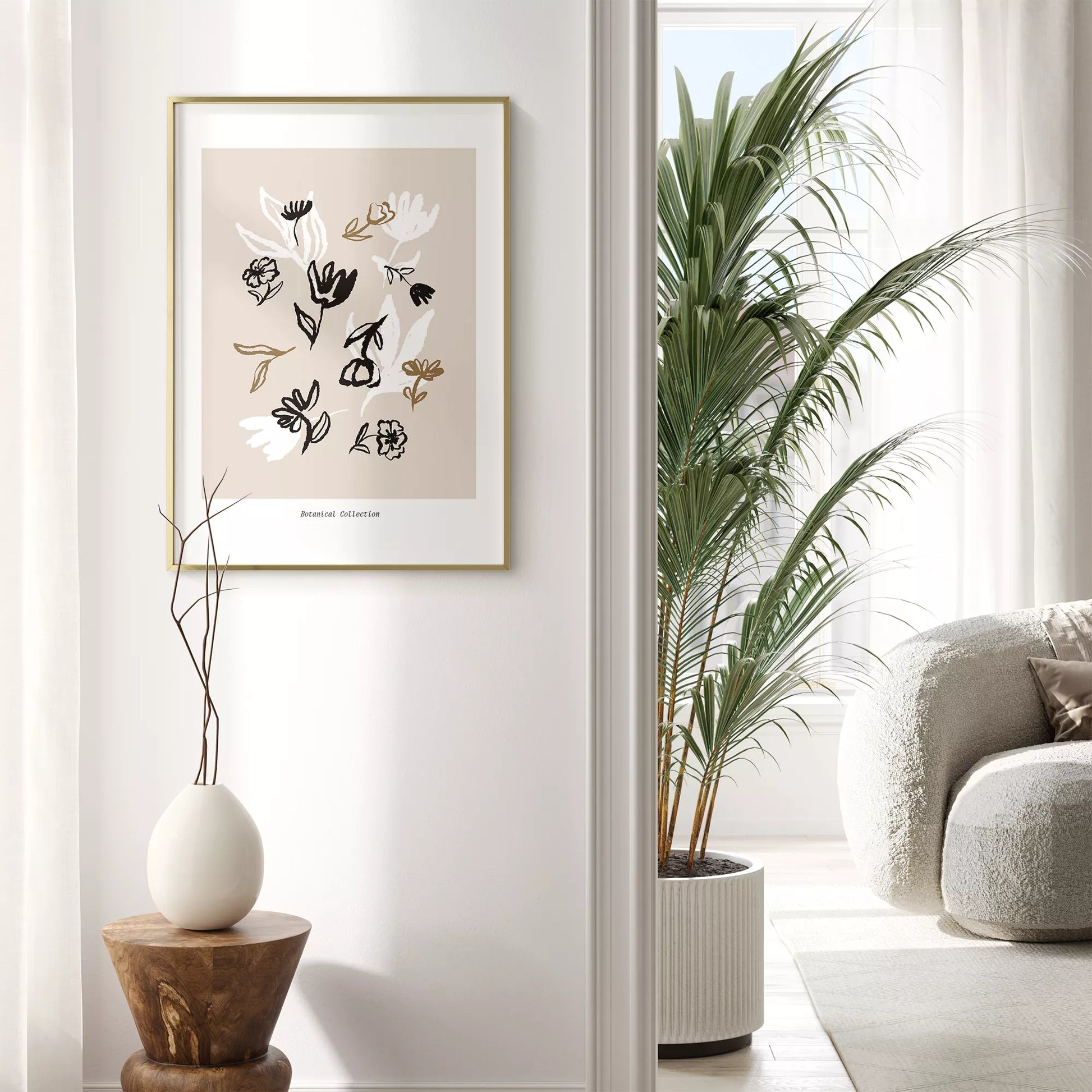 北欧デザインのニュートラル抽象花ボタニカルアートポスター ベージュ背景
