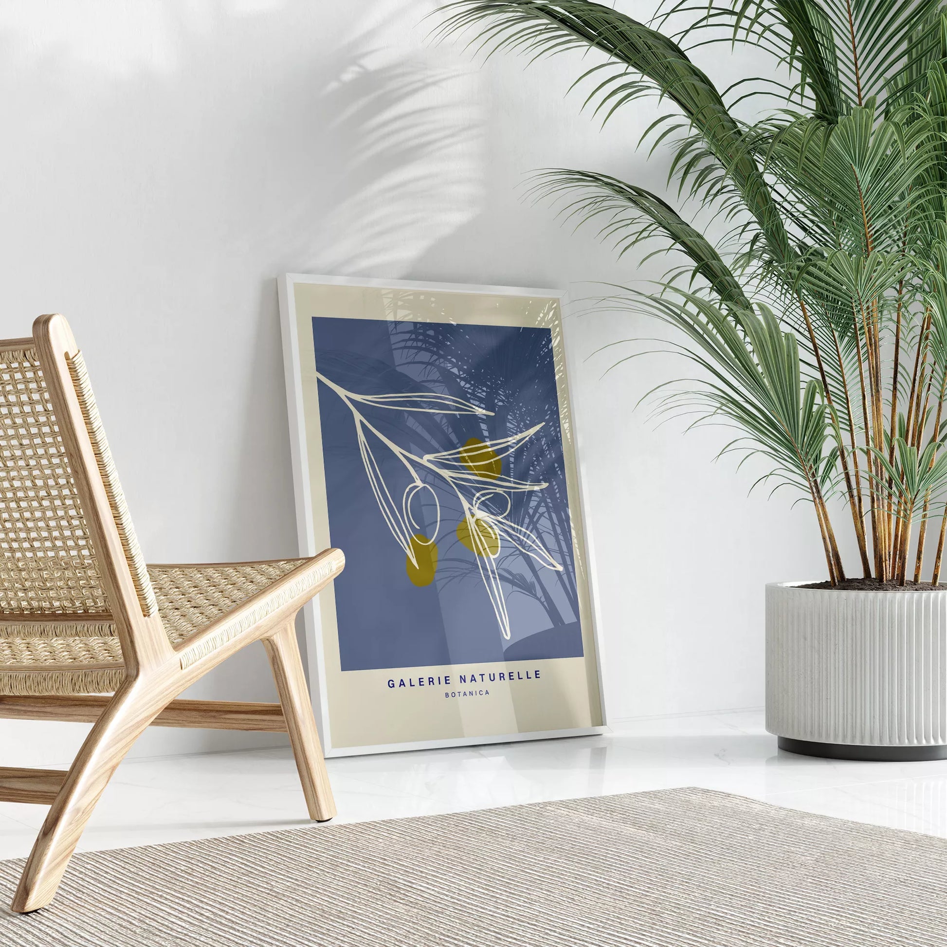 抽象的なオリーブの枝、青い背景のボタニカルアート