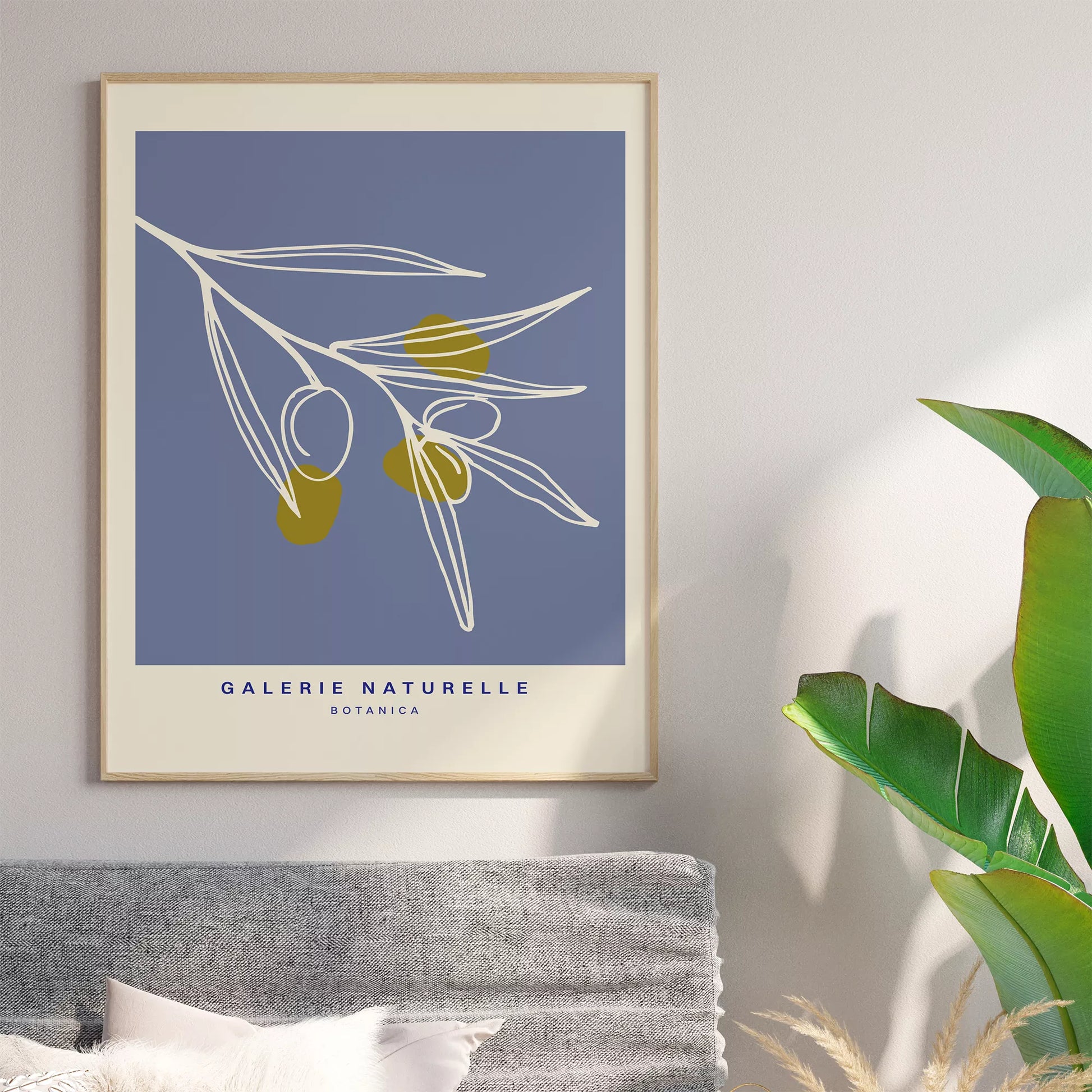 抽象的なオリーブの枝、青い背景のボタニカルアート