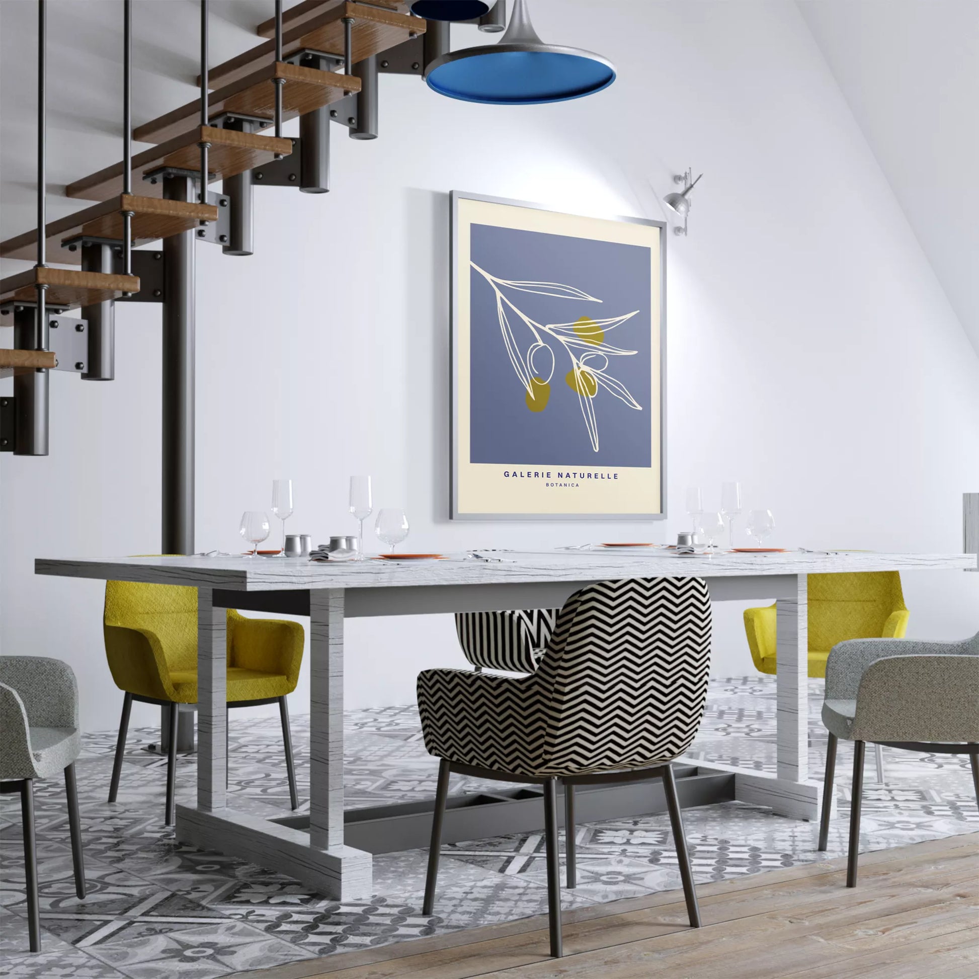 抽象的なオリーブの枝、青い背景のボタニカルアート