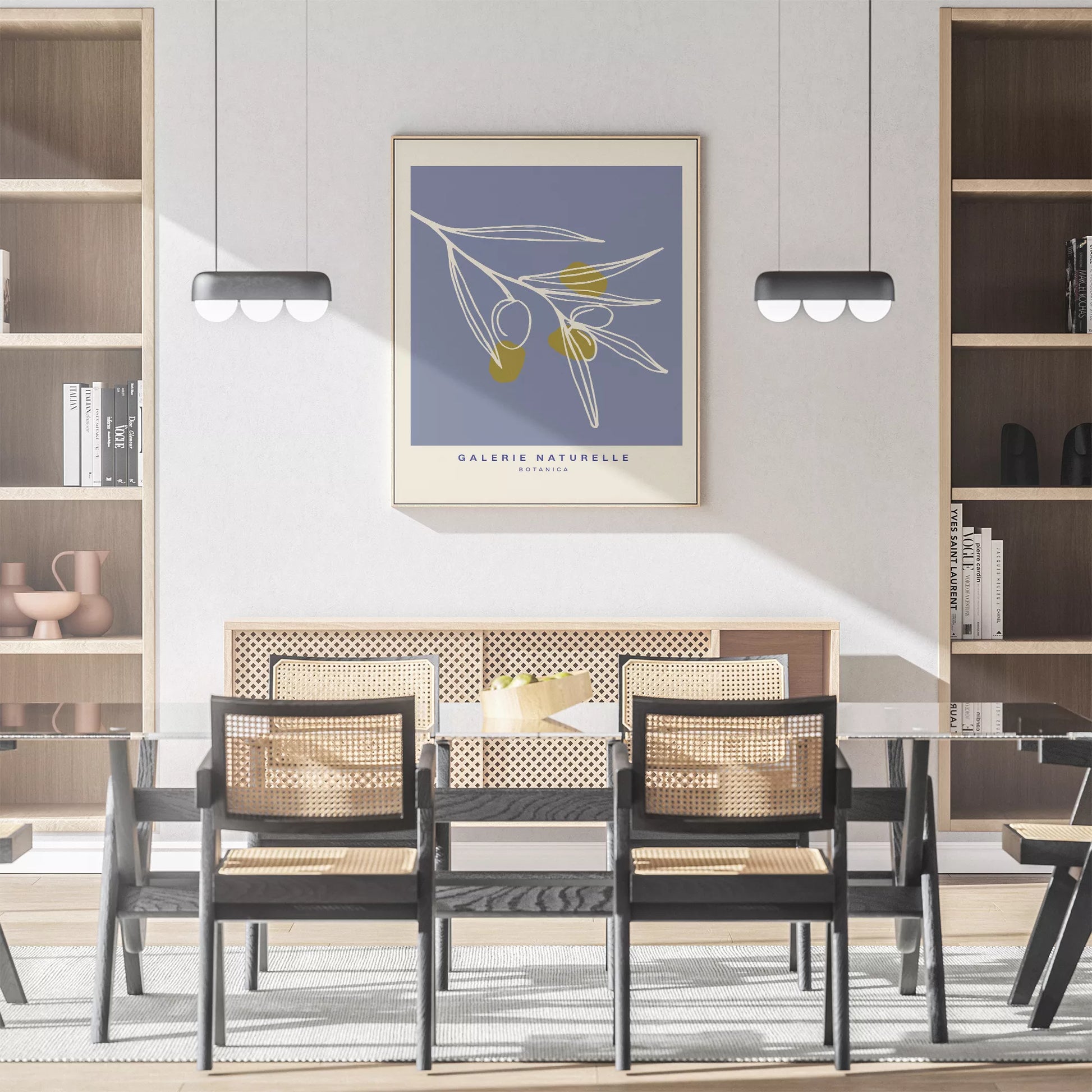 抽象的なオリーブの枝、青い背景のボタニカルアート