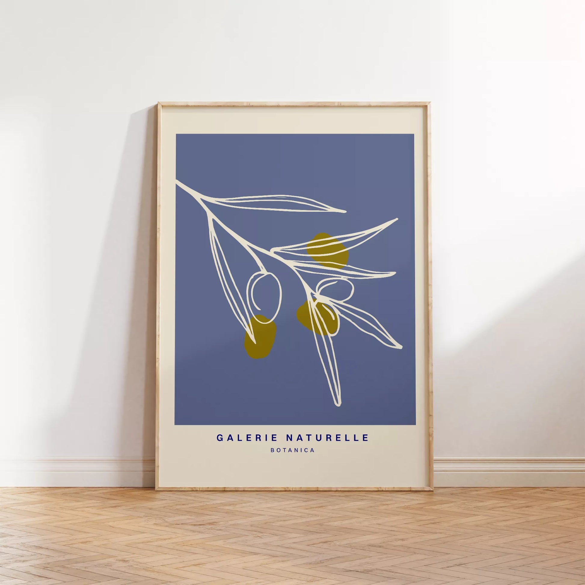 抽象的なオリーブの枝、青い背景のボタニカルアート