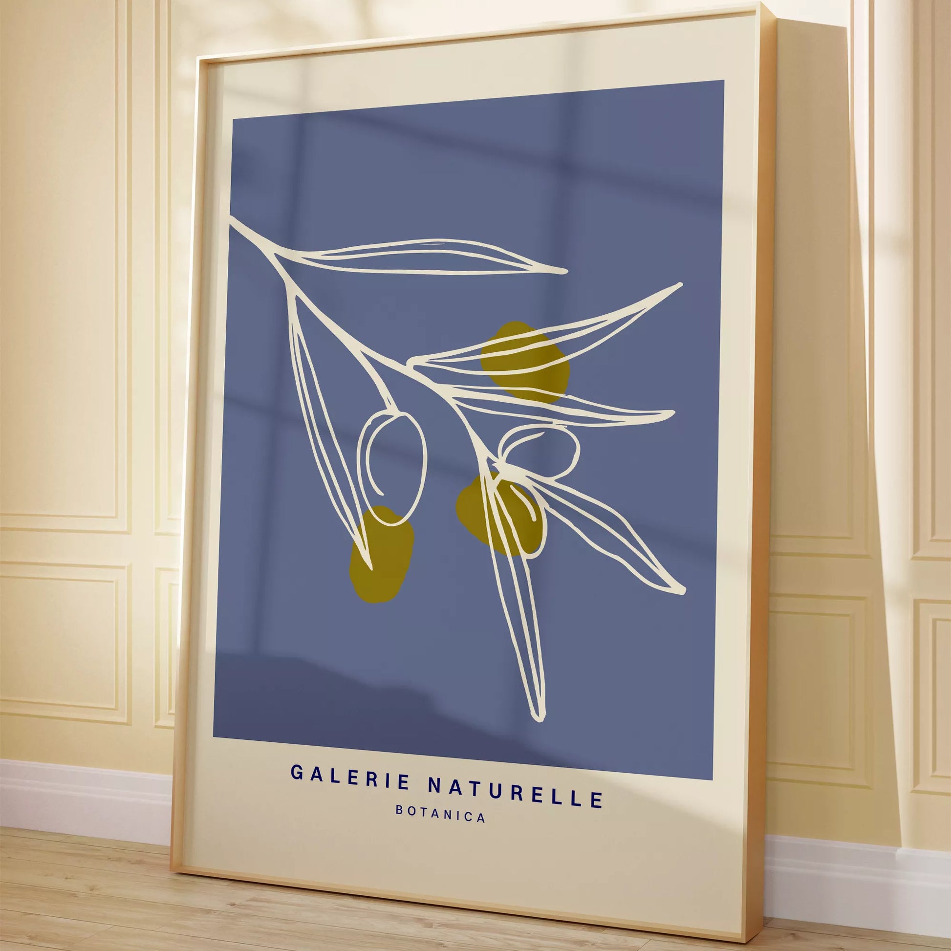 抽象的なオリーブの枝、青い背景のボタニカルアート