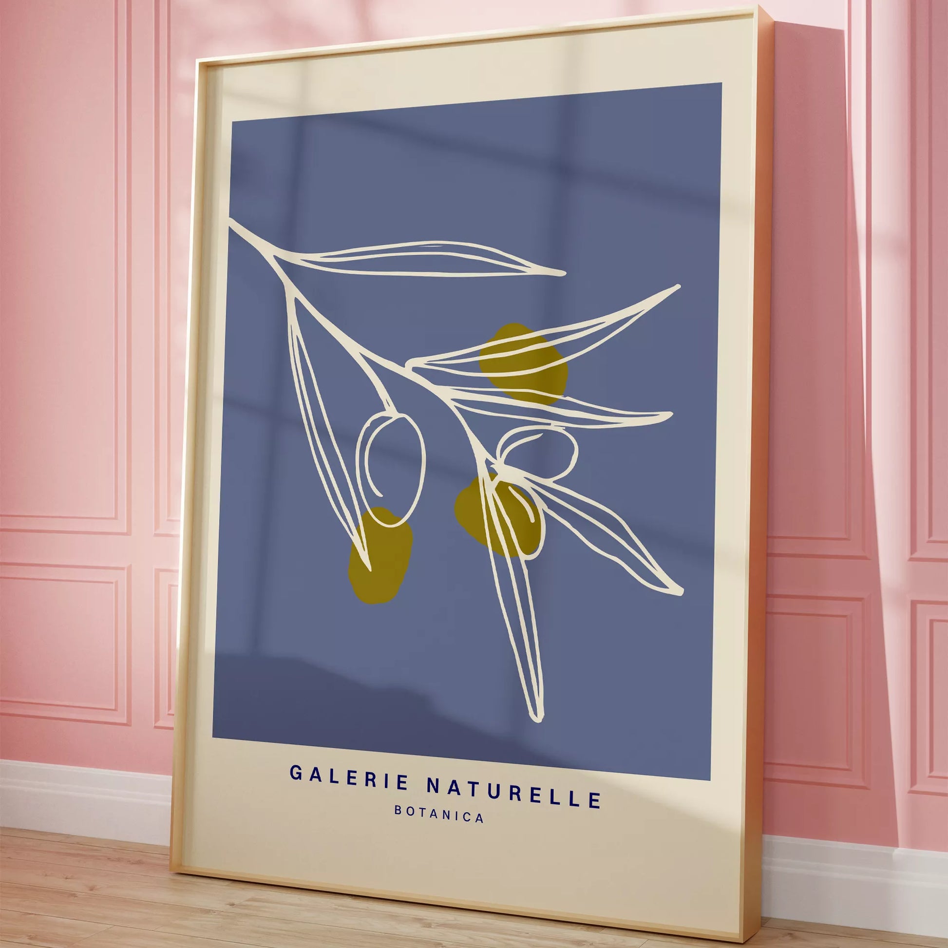 抽象的なオリーブの枝、青い背景のボタニカルアート