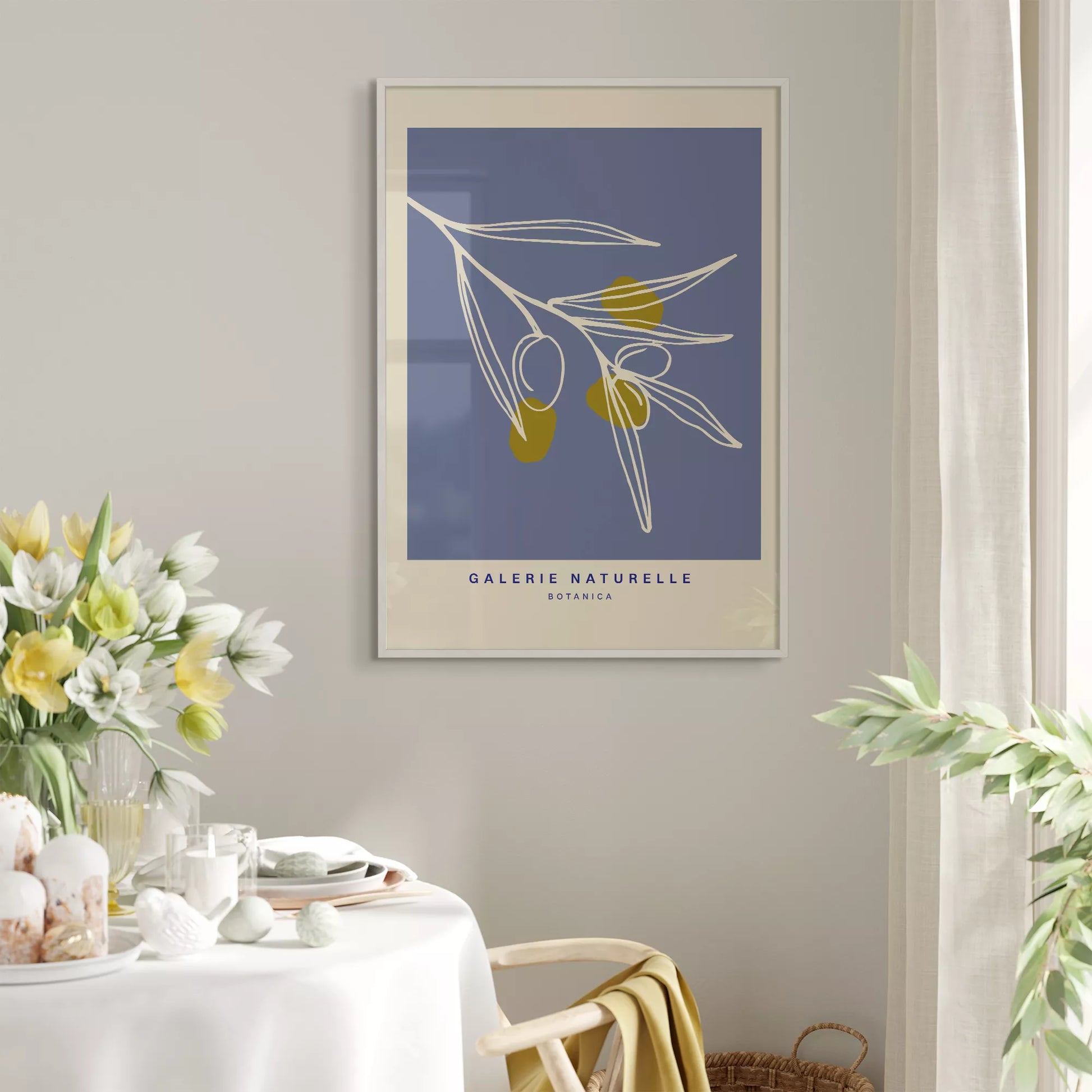 抽象的なオリーブの枝、青い背景のボタニカルアート