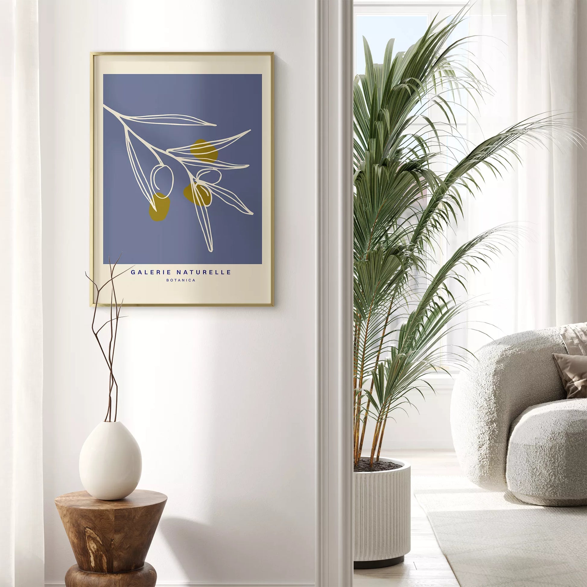 抽象的なオリーブの枝、青い背景のボタニカルアート