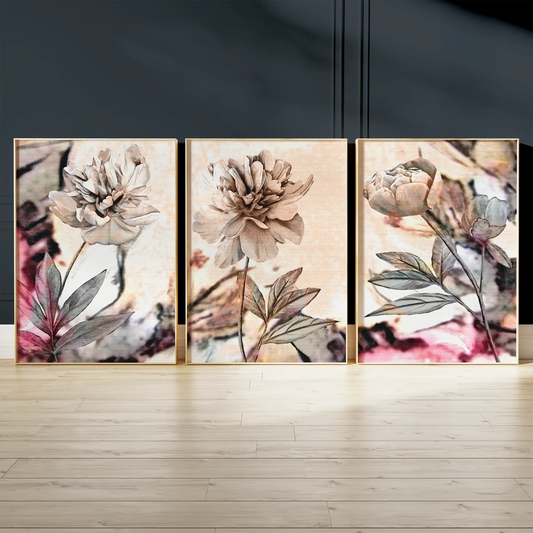 セピアトーンのピオニーボタニカルアートポスター 北欧ヴィンテージ 3枚セット