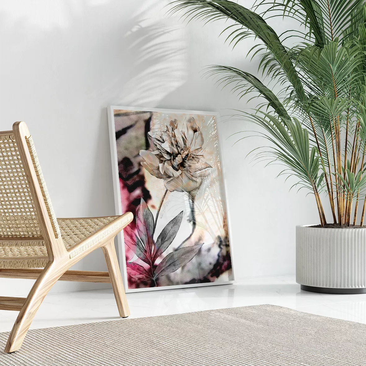 セピア調の牡丹の花が描かれた3連アートパネル、モダンな水墨画風デザイン