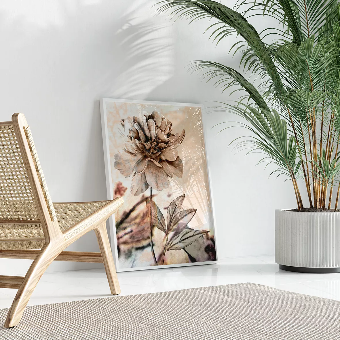 セピア調の牡丹の花が描かれた3連アートパネル、モダンな水墨画風デザイン