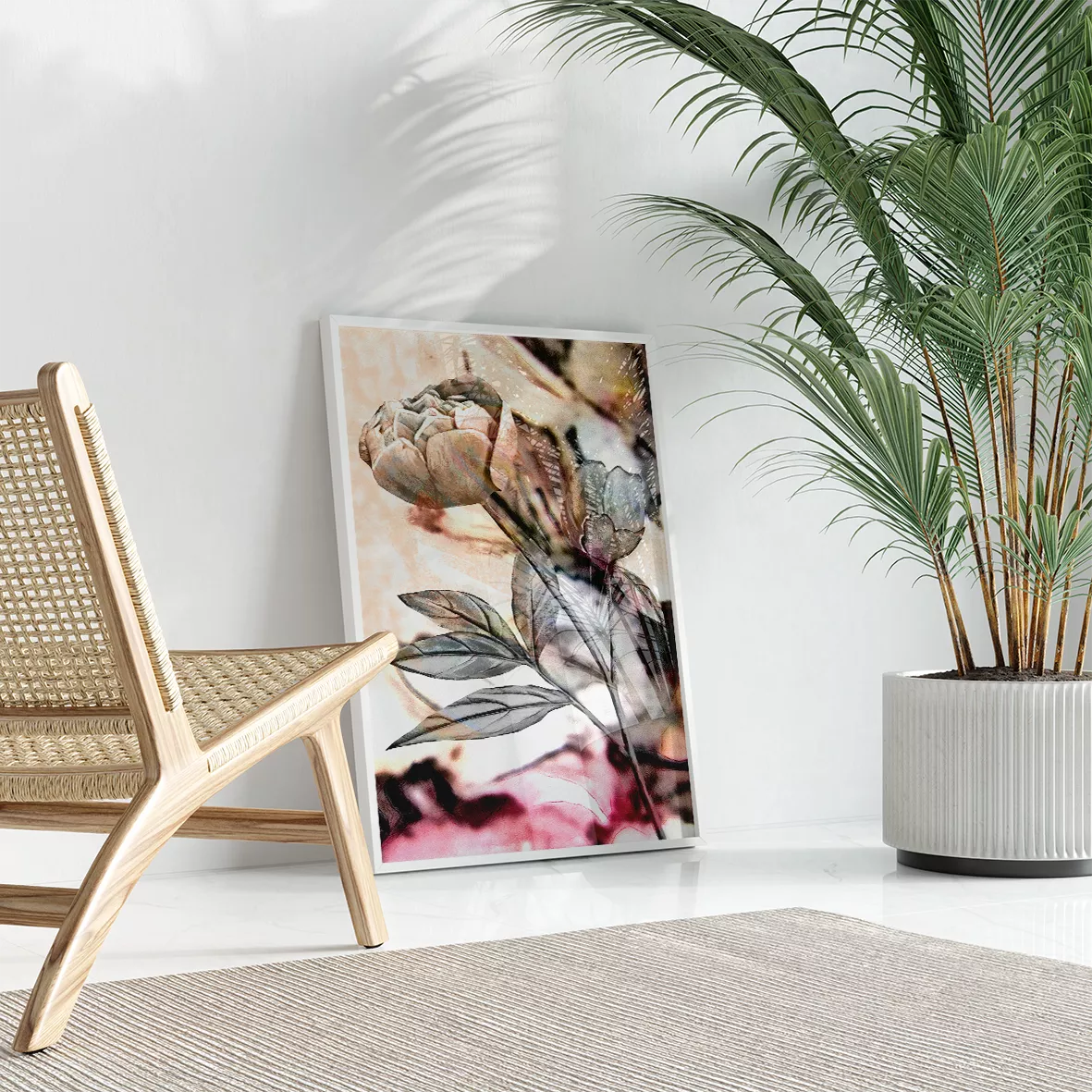 セピア調の牡丹の花が描かれた3連アートパネル、モダンな水墨画風デザイン