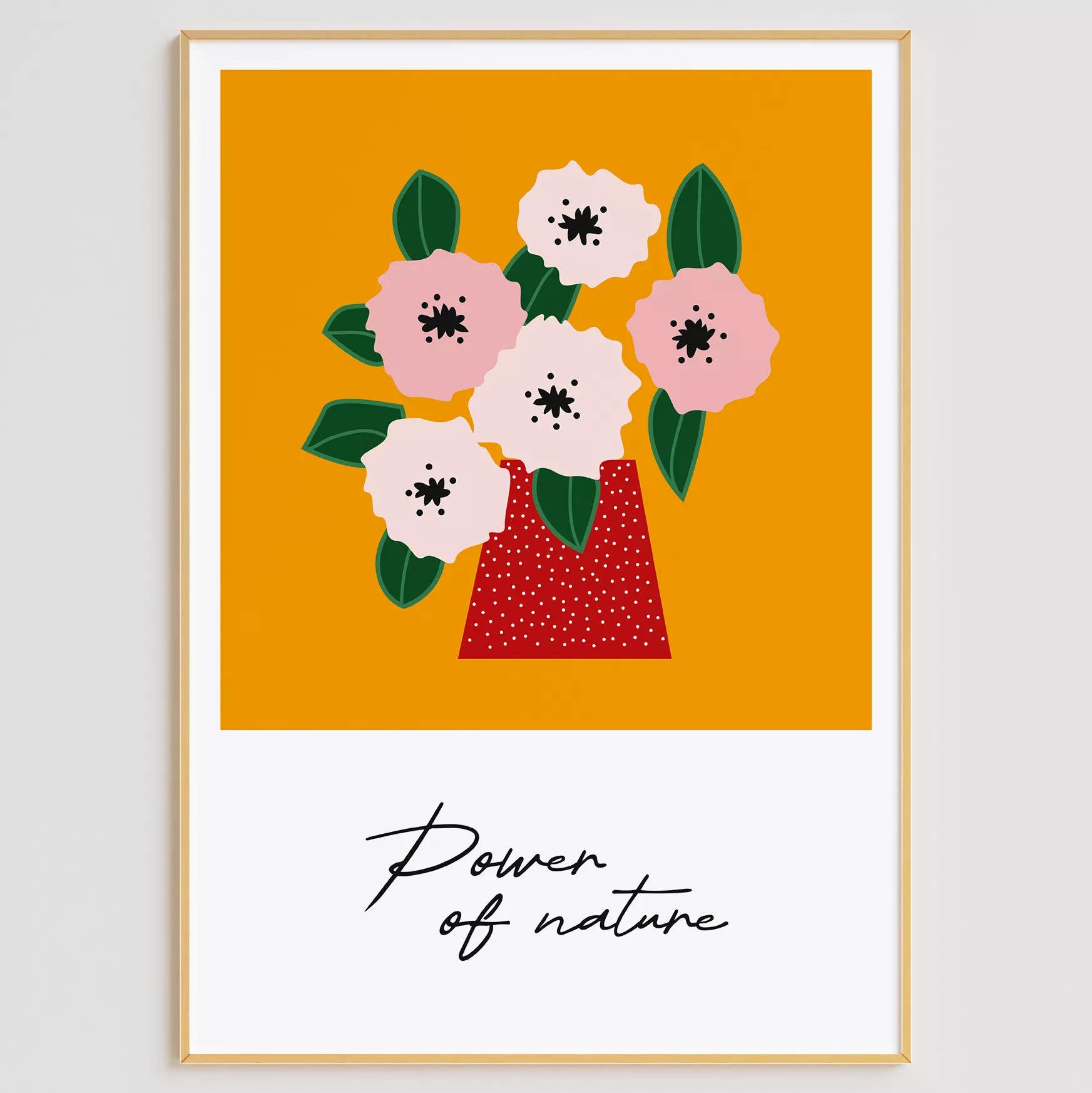 北欧デザインの花瓶とピンクの花のボタニカルアートポスター オレンジ背景 ポップカラー