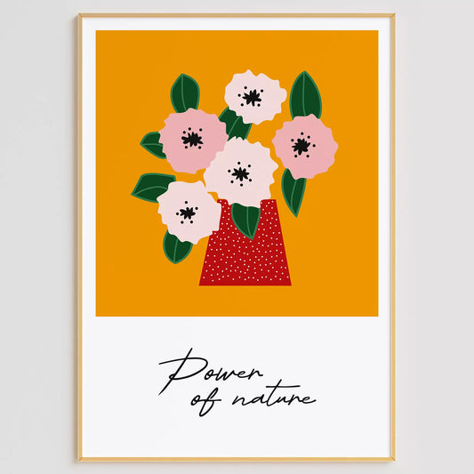 北欧デザインの花瓶とピンクの花のボタニカルアートポスター オレンジ背景 ポップカラー