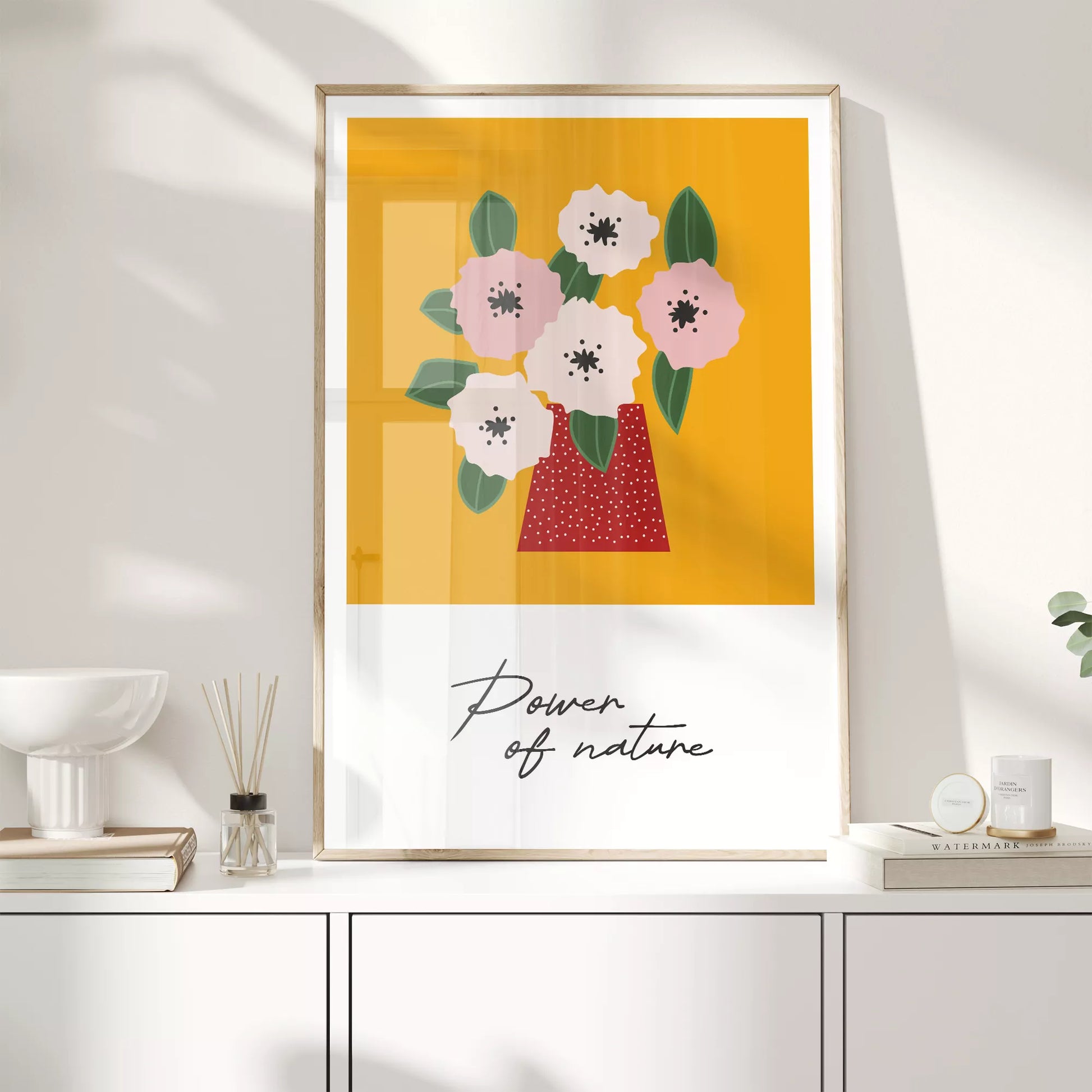 北欧デザインの花瓶とピンクの花のボタニカルアートポスター オレンジ背景 ポップカラー