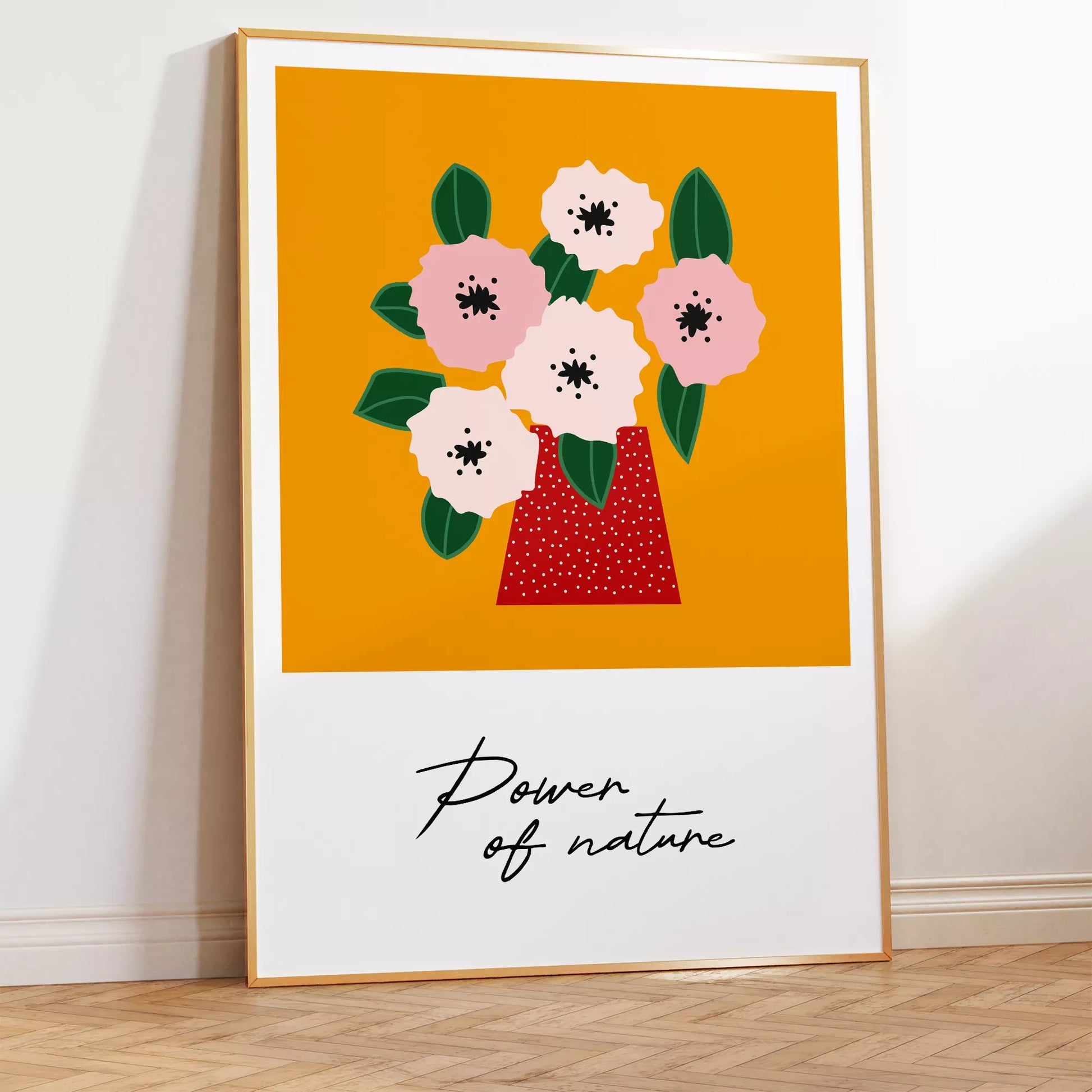 北欧デザインの花瓶とピンクの花のボタニカルアートポスター オレンジ背景 ポップカラー