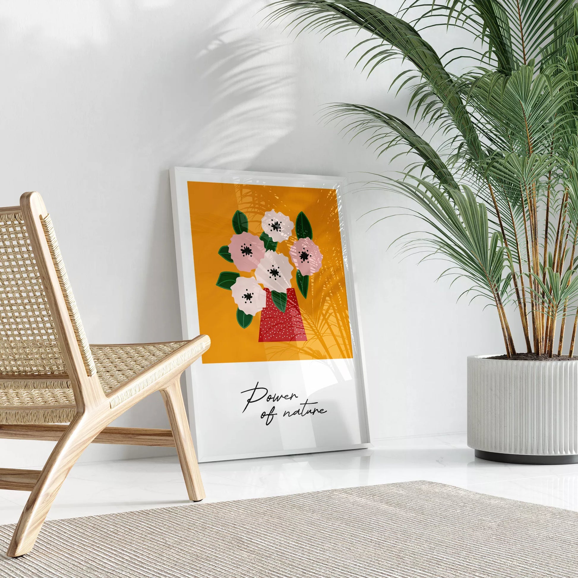 北欧デザインの花瓶とピンクの花のボタニカルアートポスター オレンジ背景 ポップカラー