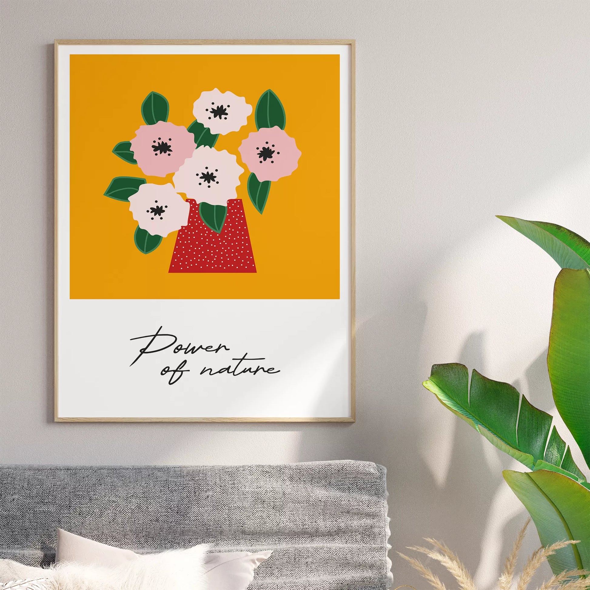 北欧デザインの花瓶とピンクの花のボタニカルアートポスター オレンジ背景 ポップカラー