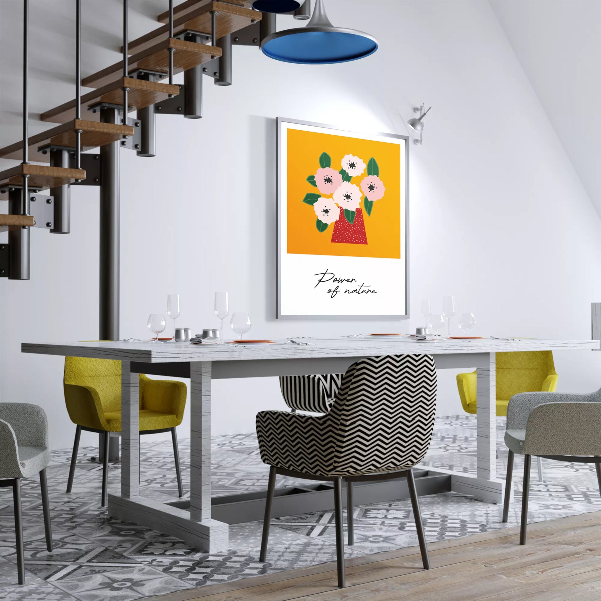 北欧デザインの花瓶とピンクの花のボタニカルアートポスター オレンジ背景 ポップカラー